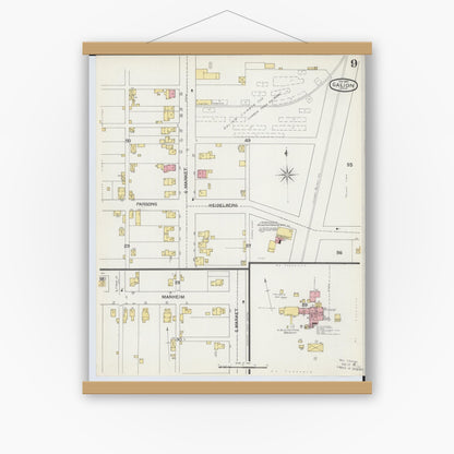 Old map wall art mockup — magnetic wood frame on white wall — Sanborn Fire Insurance Map from Galion, Crawford County, Ohio (1892), Sheet #0009