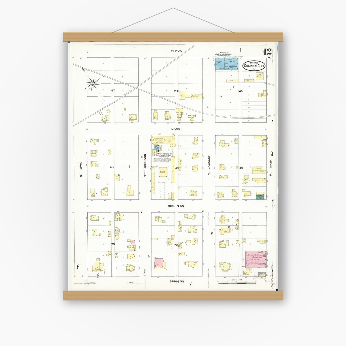 Old map wall art mockup — magnetic wood frame on white wall — Sanborn Fire Insurance Map from Charles City, Floyd County, Iowa (1909), Sheet #0012