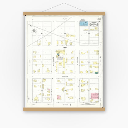 Old map wall art mockup — magnetic wood frame on white wall — Sanborn Fire Insurance Map from Charles City, Floyd County, Iowa (1909), Sheet #0012