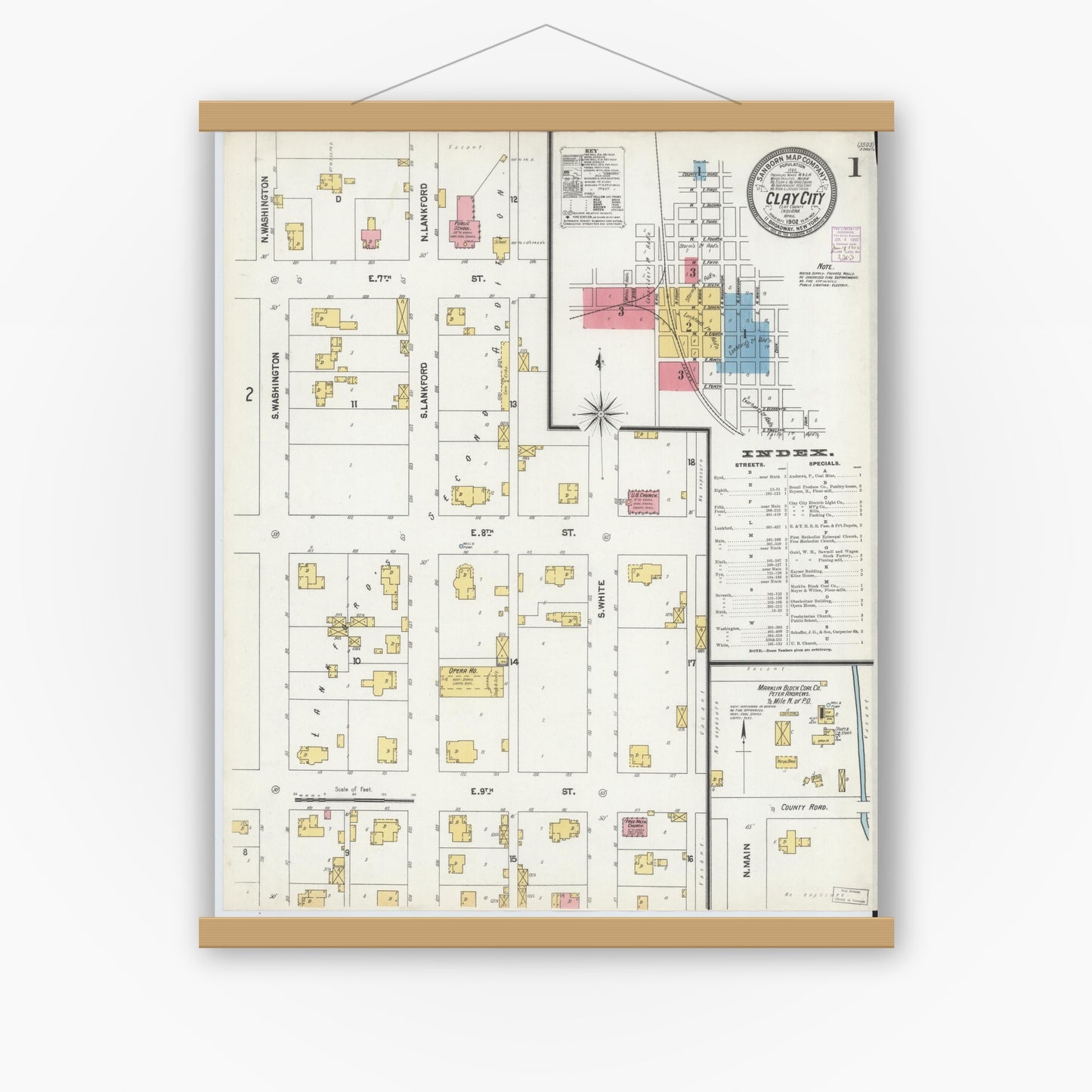 Old map wall art mockup — magnetic wood frame on white wall — Sanborn Fire Insurance Map from Clay City, Clay County, Indiana (1902) - Complete Map Set