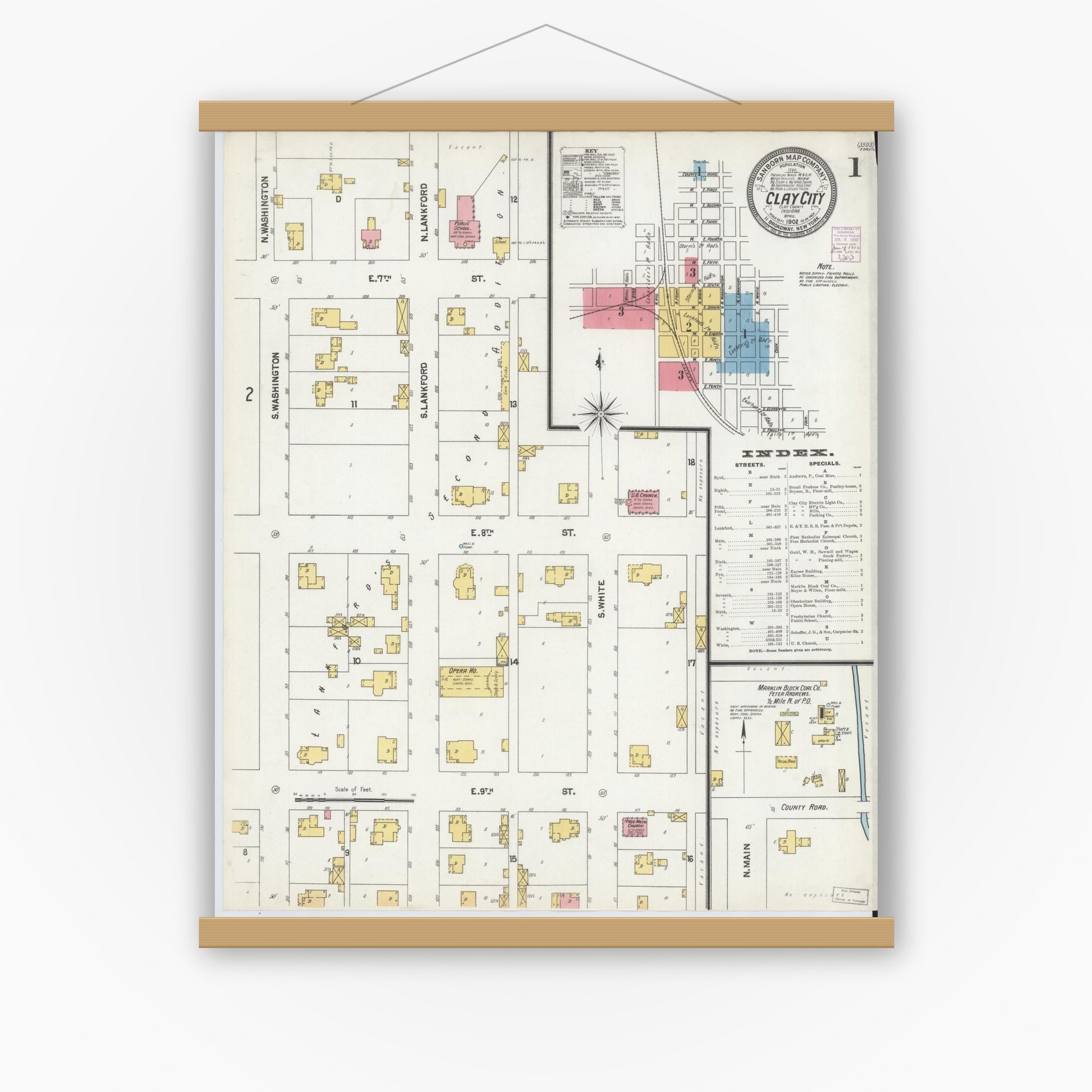 Old map wall art mockup — magnetic wood frame on white wall — Sanborn Fire Insurance Map from Clay City, Clay County, Indiana (1902) - Complete Map Set
