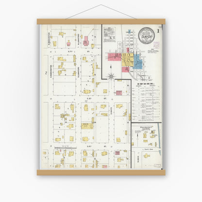 Old map wall art mockup — magnetic wood frame on white wall — Sanborn Fire Insurance Map from Clay City, Clay County, Indiana (1902) - Complete Map Set