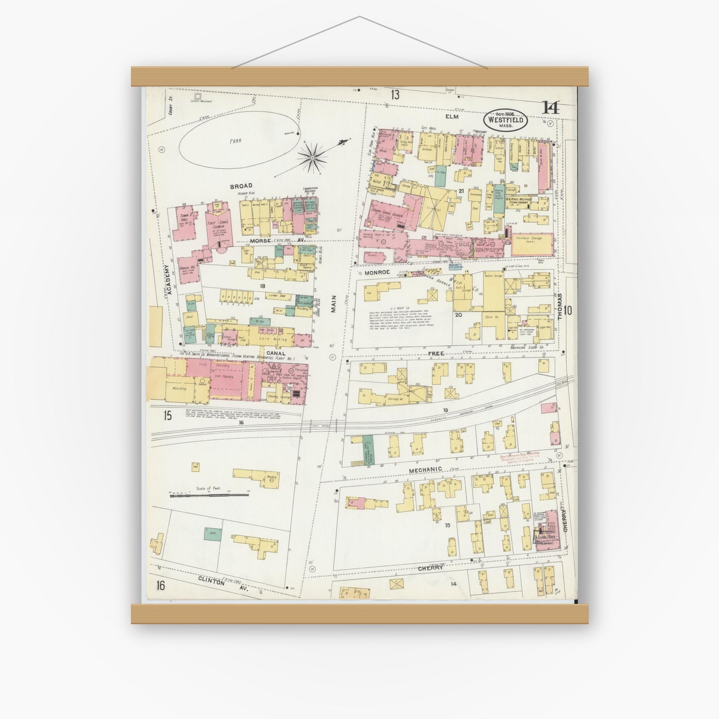 Old map wall art mockup — magnetic wood frame on white wall — Sanborn Fire Insurance Map from Westfield, Hampden County, Massachusetts (1905), Sheet #0014