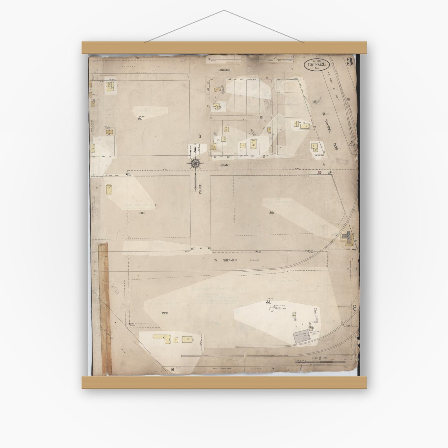 Old map wall art mockup — magnetic wood frame on white wall — Sanborn Fire Insurance Map from Calexico, Imperial County, California (1956), Sheet #0003