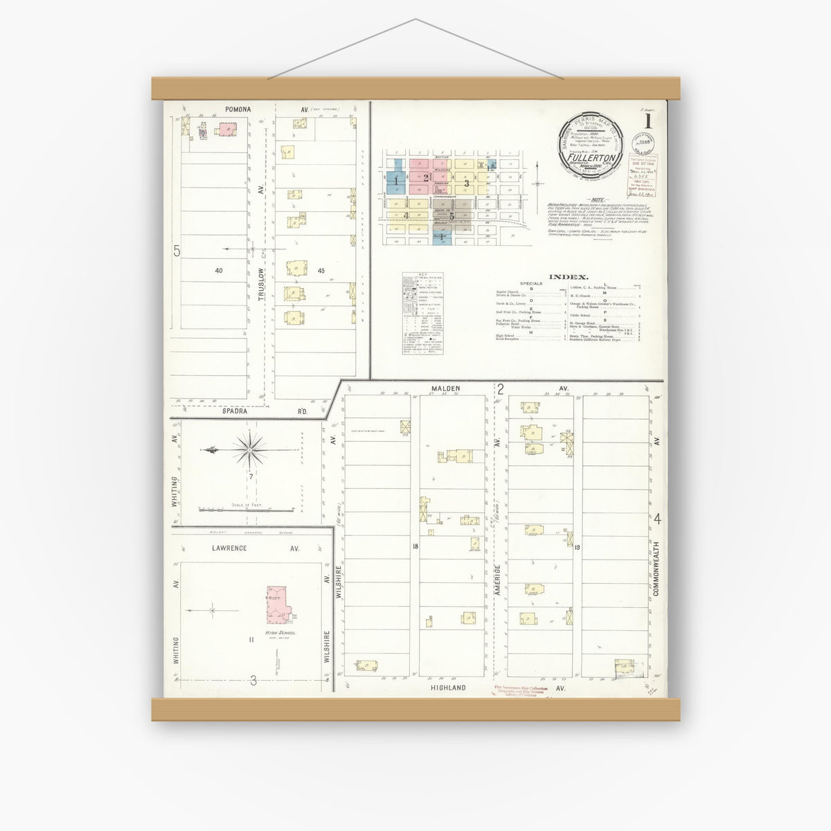 Old map wall art mockup — magnetic wood frame on white wall — Sanborn Fire Insurance Map from Fullerton, Orange County, California (1900), Sheet #0001