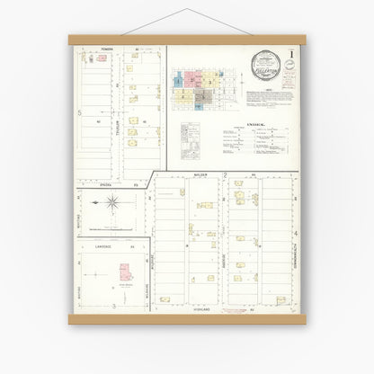 Old map wall art mockup — magnetic wood frame on white wall — Sanborn Fire Insurance Map from Fullerton, Orange County, California (1900), Sheet #0001