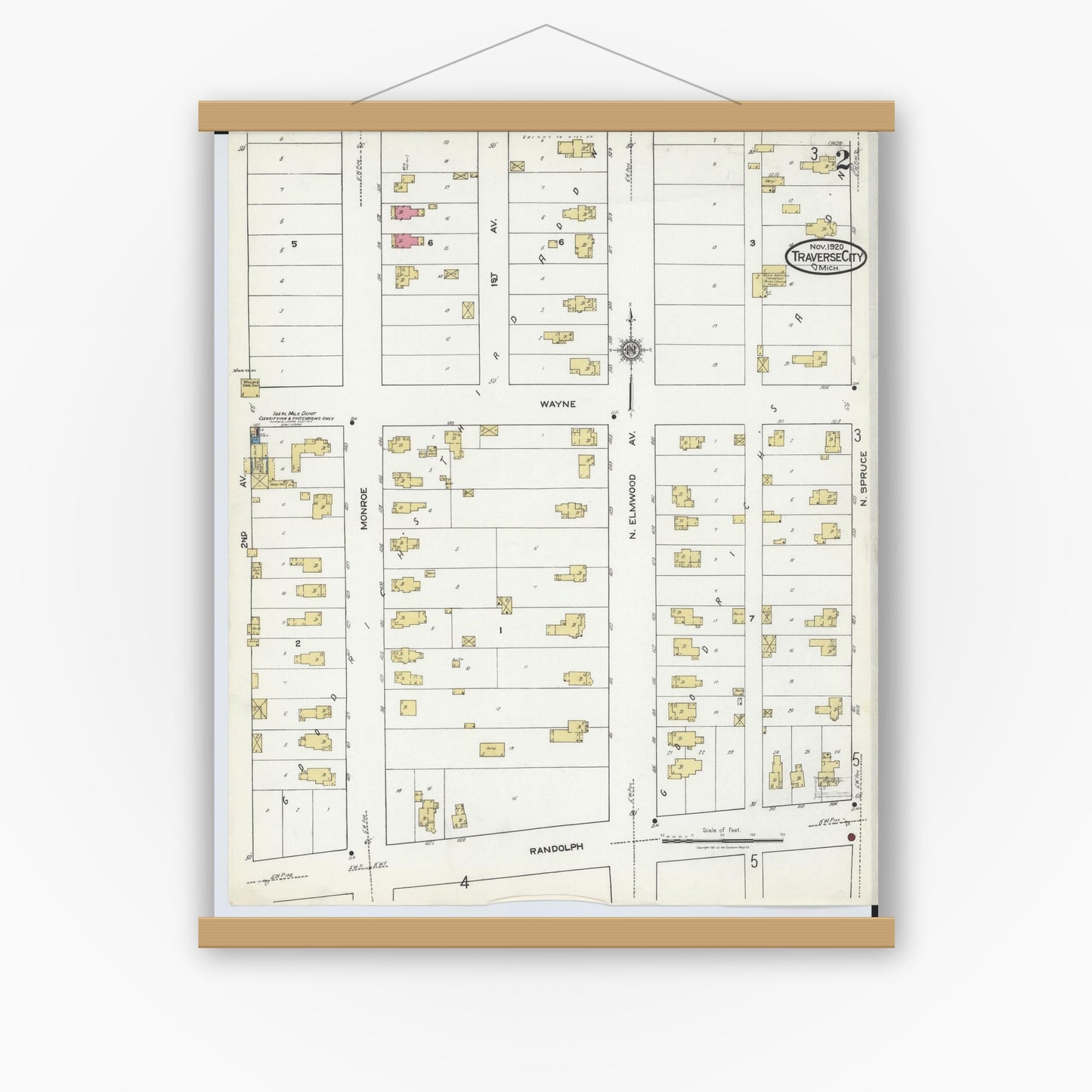Old map wall art mockup — magnetic wood frame on white wall — Sanborn Fire Insurance Map from Traverse City, Grand Traverse County, Michigan (1920), Sheet #0002