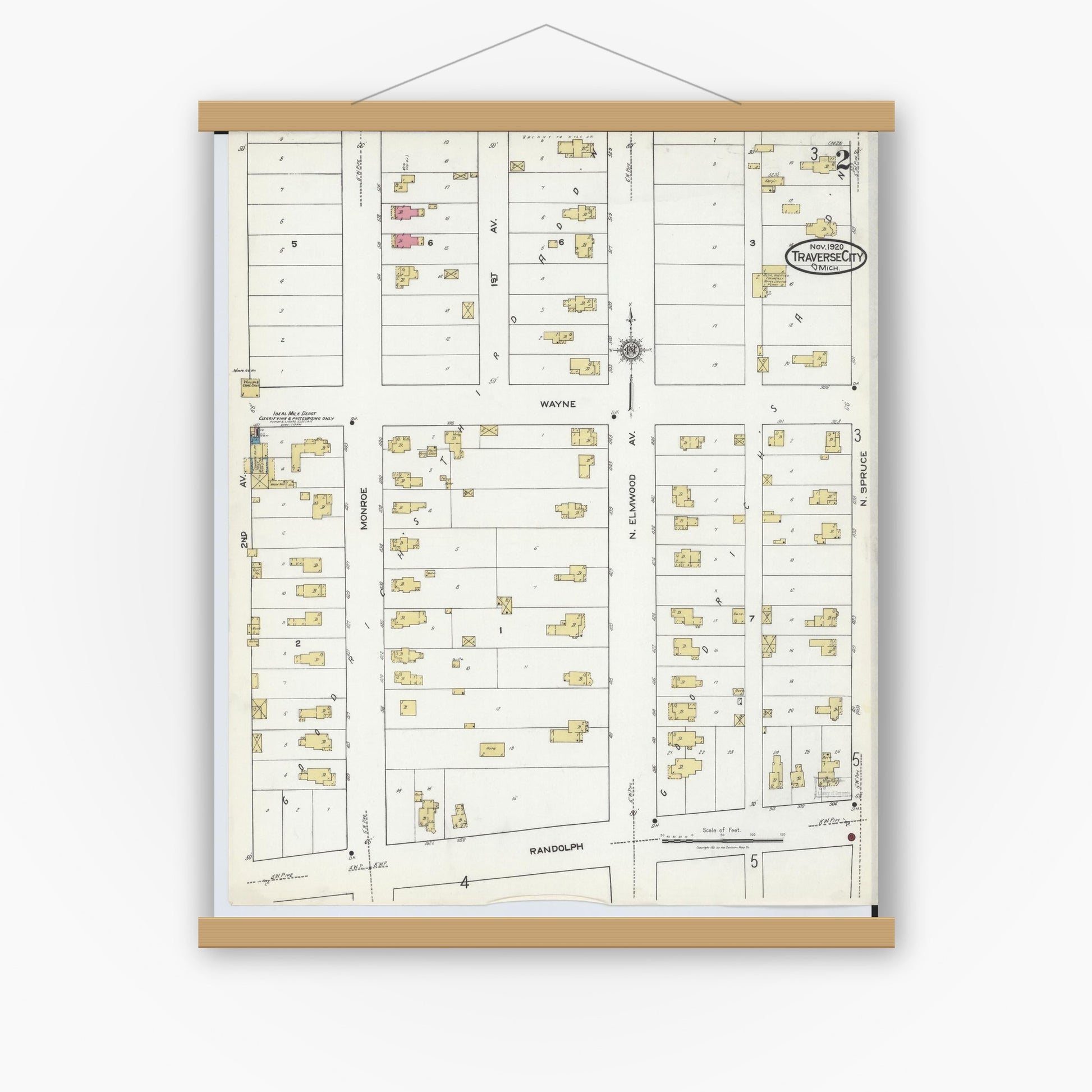 Old map wall art mockup — magnetic wood frame on white wall — Sanborn Fire Insurance Map from Traverse City, Grand Traverse County, Michigan (1920), Sheet #0002