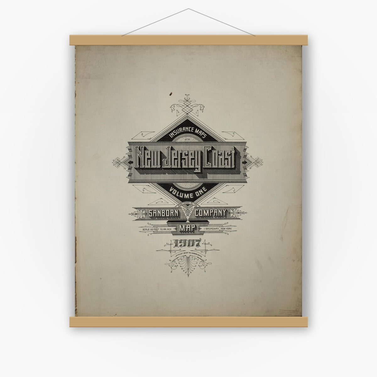 Old map wall art mockup — magnetic wood frame on white wall — Sanborn Fire Insurance Map from New Jersey Coast, New Jersey Coast, New Jersey (1907), Sheet #0001