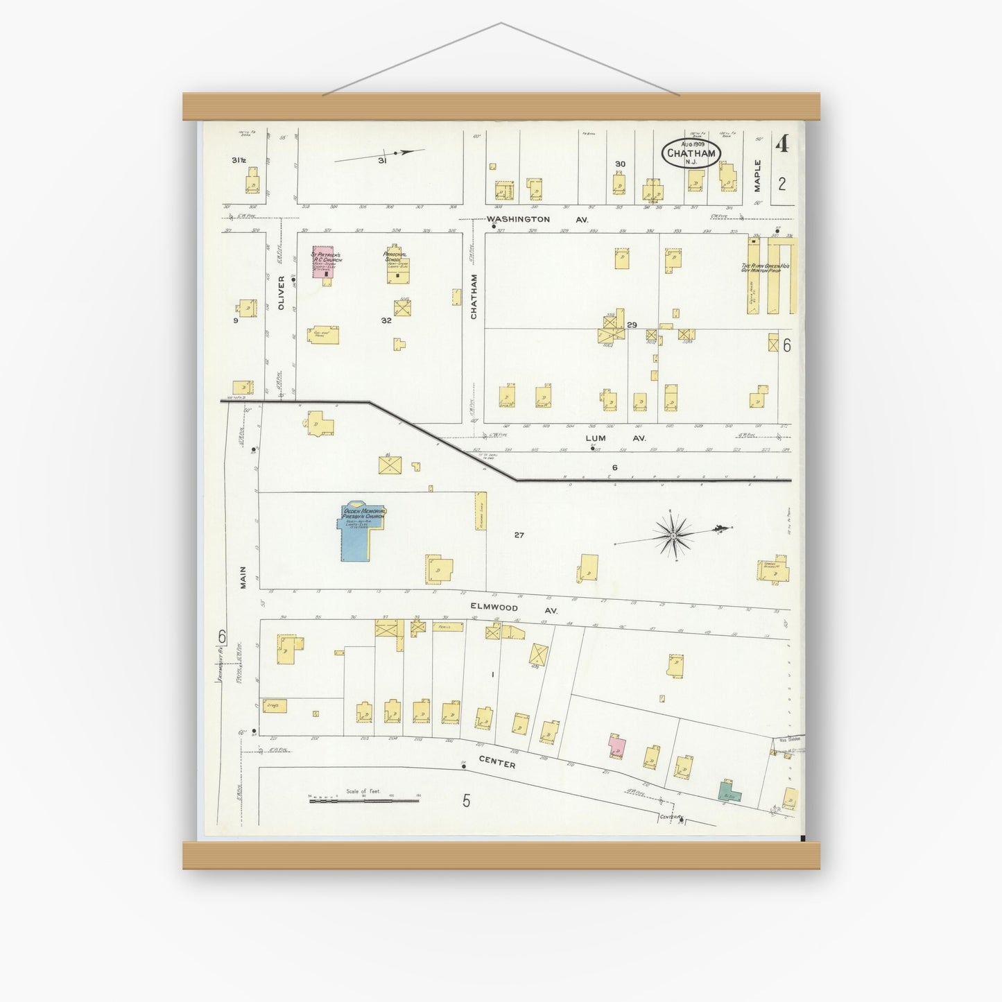 Old map wall art mockup — magnetic wood frame on white wall — Sanborn Fire Insurance Map from Chatham, Morris County, New Jersey (1909), Sheet #0004