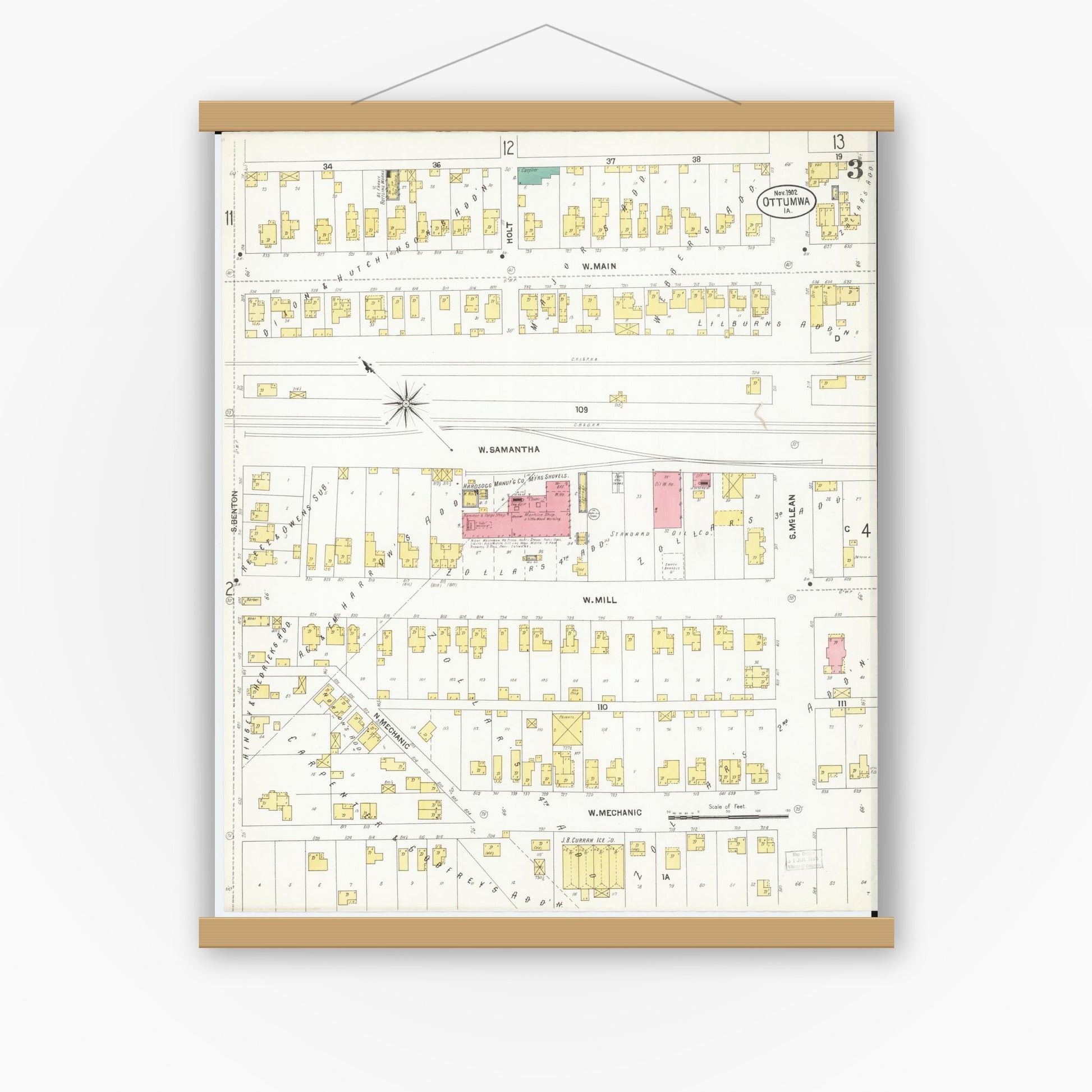 Old map wall art mockup — magnetic wood frame on white wall — Sanborn Fire Insurance Map from Ottumwa, Wapello County, Iowa (1902), Sheet #0003