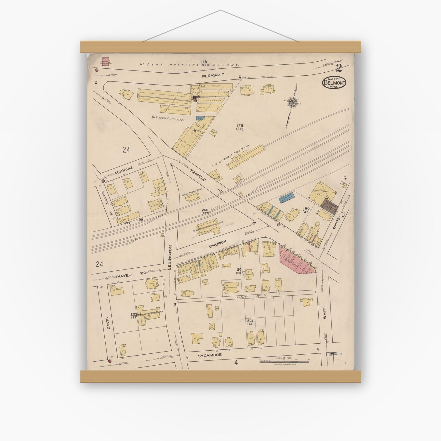 Old map wall art mockup — magnetic wood frame on white wall — Sanborn Fire Insurance Map from Belmont, Middlesex County, Massachusetts (1922), Sheet #0002