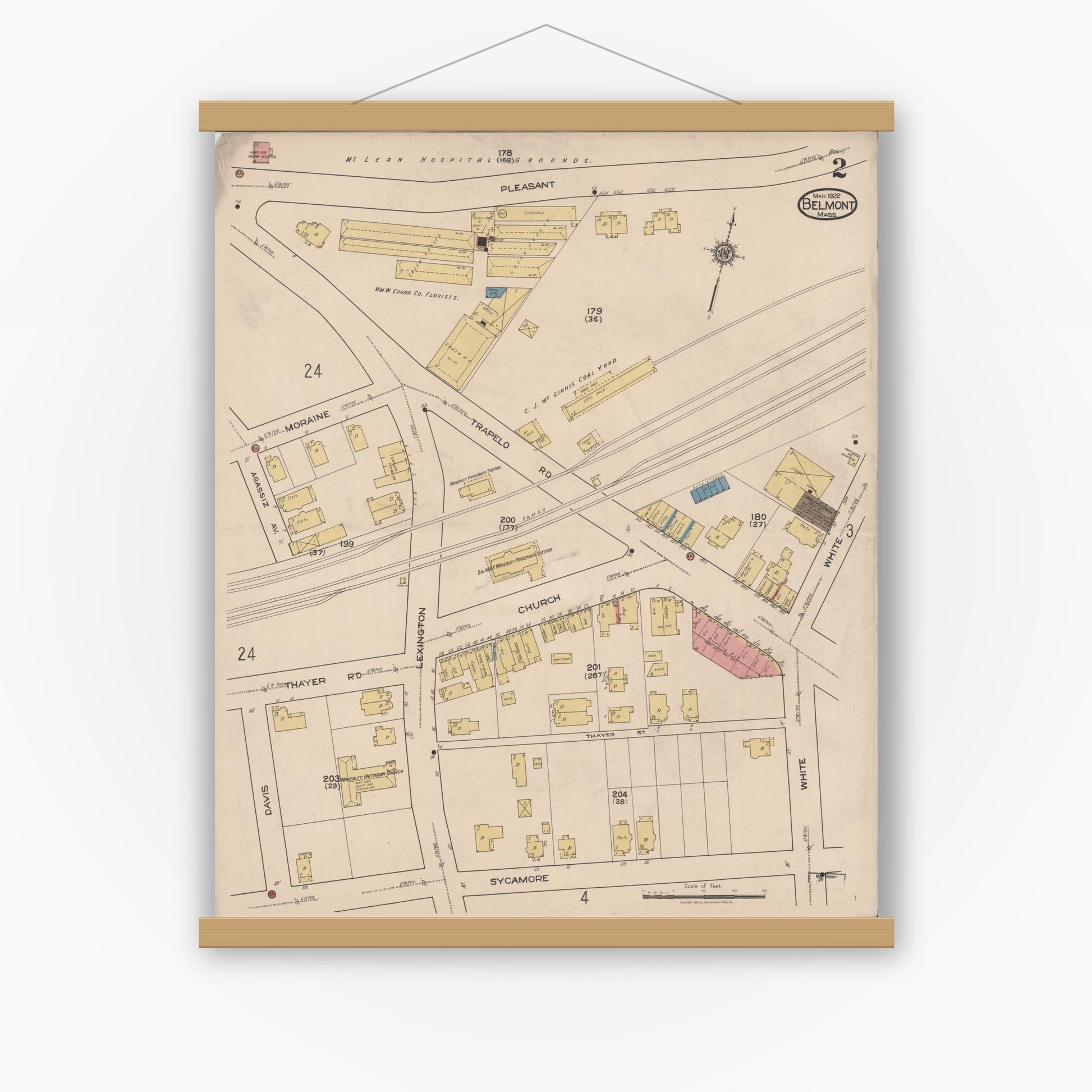 Old map wall art mockup — magnetic wood frame on white wall — Sanborn Fire Insurance Map from Belmont, Middlesex County, Massachusetts (1922), Sheet #0002