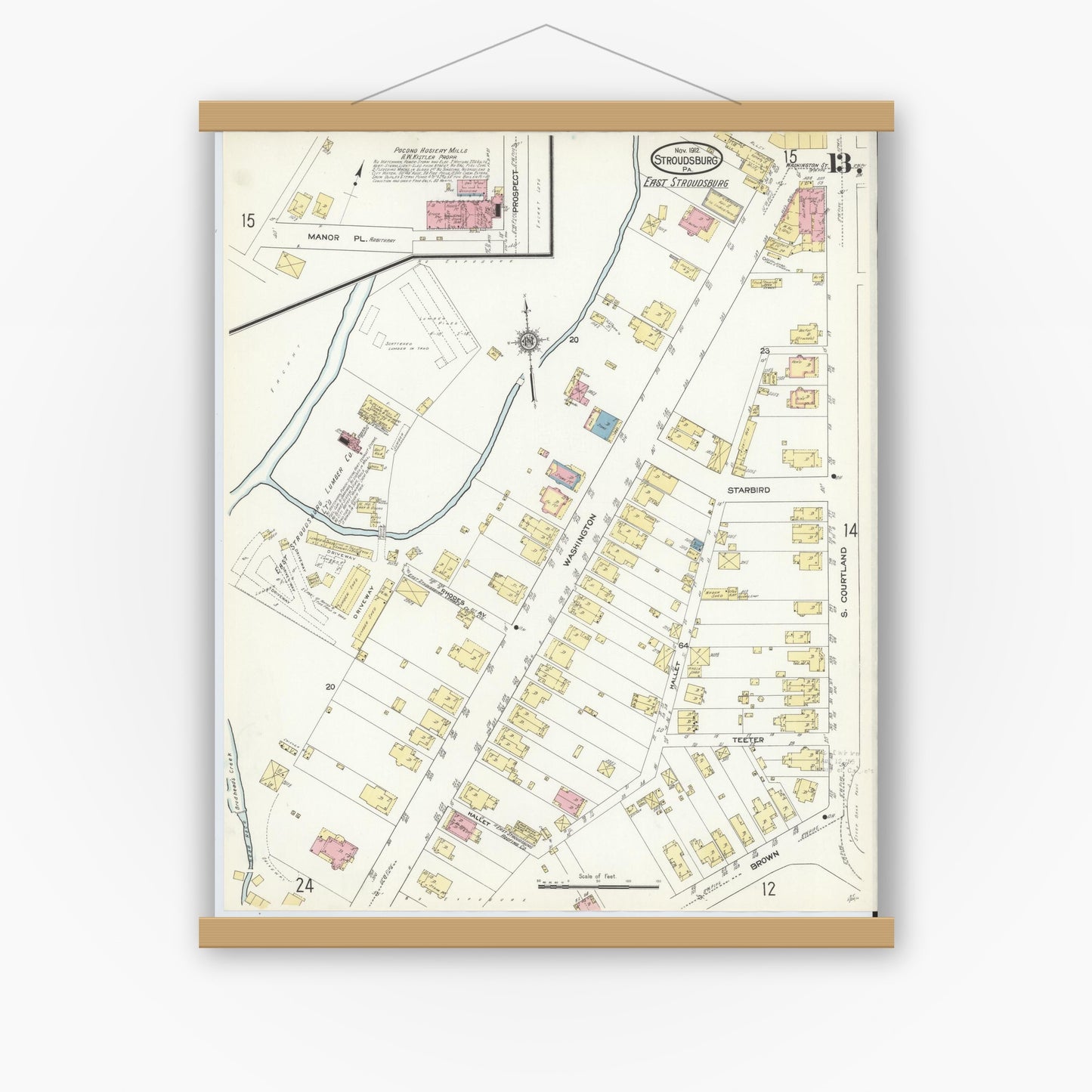 Old map wall art mockup — magnetic wood frame on white wall — Sanborn Fire Insurance Map from Stroudsburg, Monroe County, Pennsylvania (1912), Sheet #0013