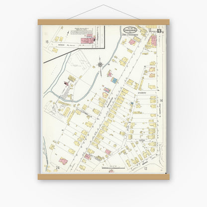 Old map wall art mockup — magnetic wood frame on white wall — Sanborn Fire Insurance Map from Stroudsburg, Monroe County, Pennsylvania (1912), Sheet #0013