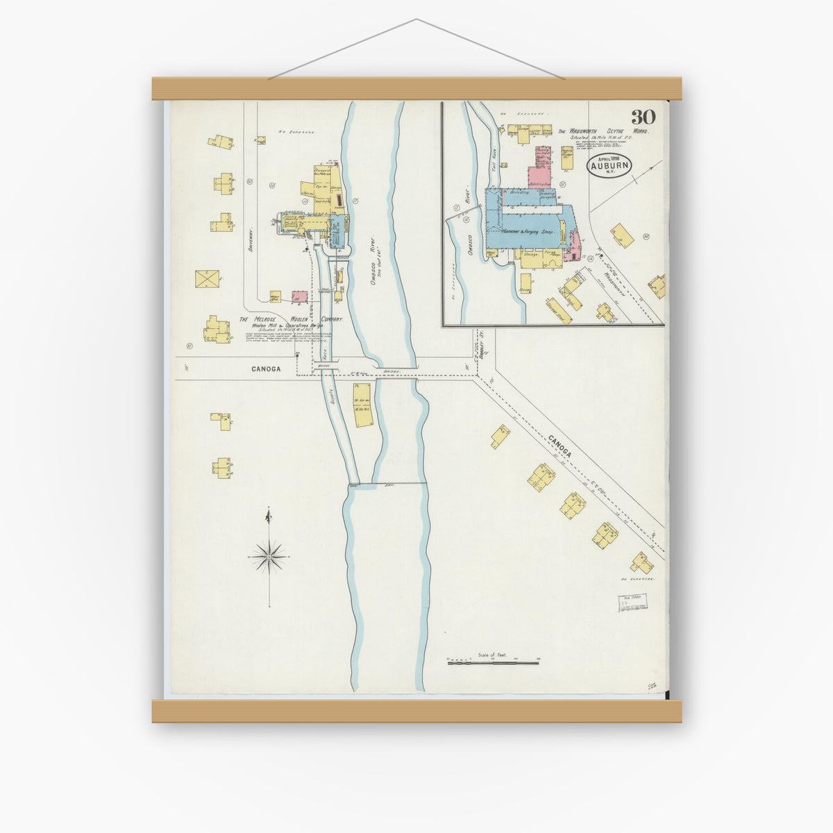Old map wall art mockup — magnetic wood frame on white wall — Sanborn Fire Insurance Map from Auburn, Cayuga County, New York (1898), Sheet #0030