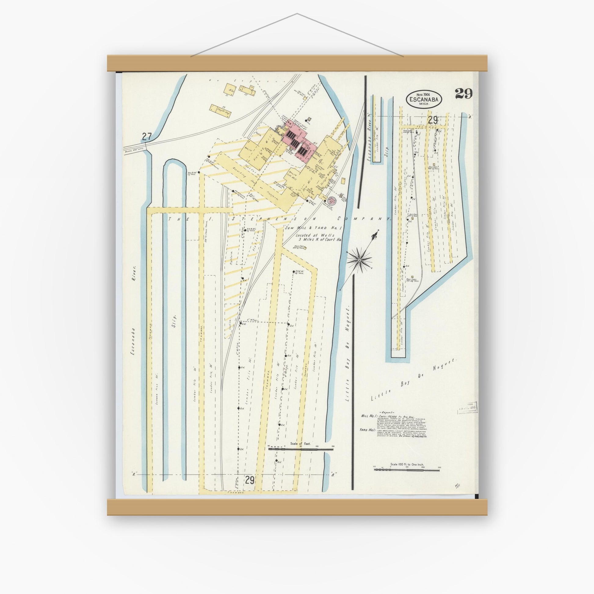Old map wall art mockup — magnetic wood frame on white wall — Sanborn Fire Insurance Map from Escanaba, Delta County, Michigan (1906), Sheet #0029