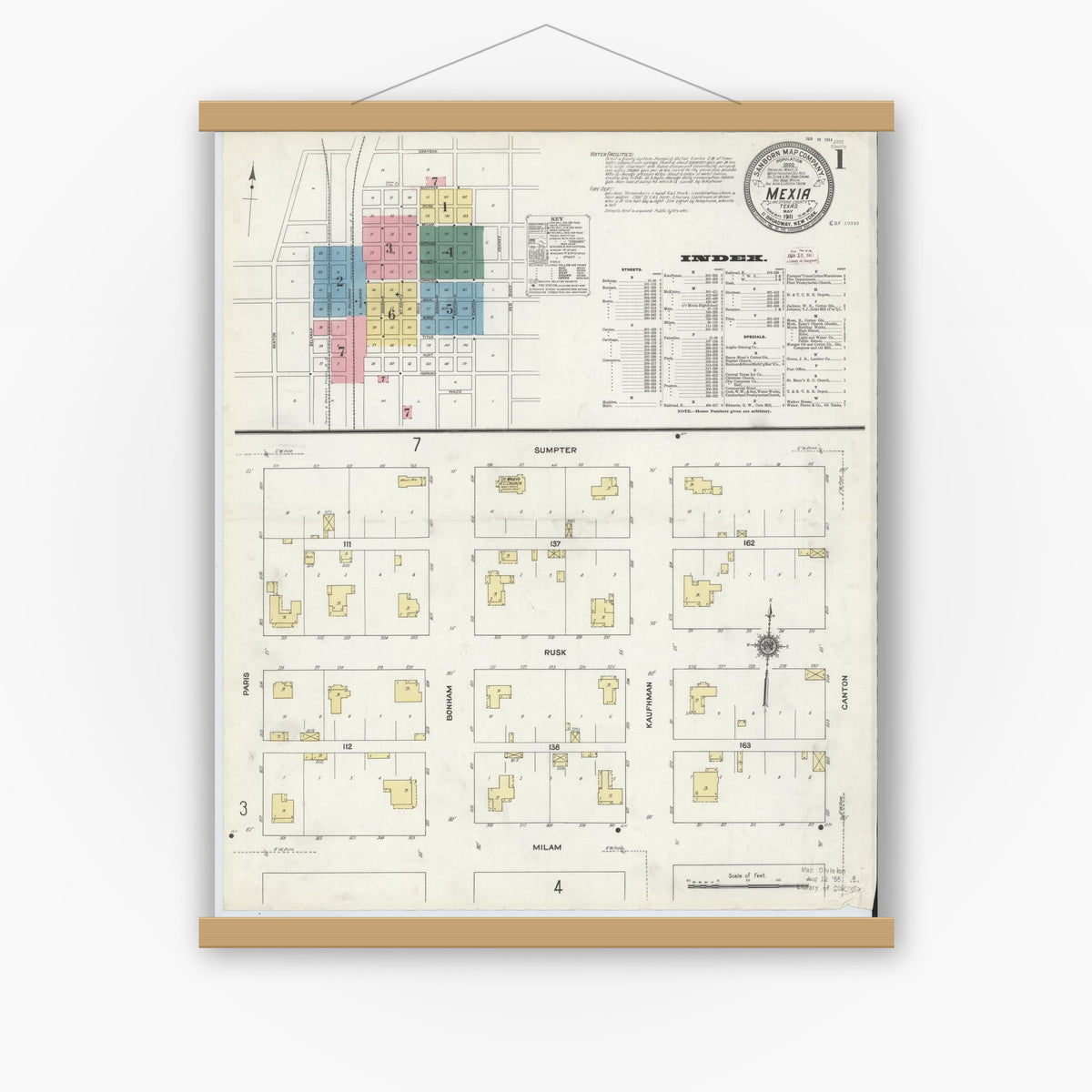 Old map wall art mockup — magnetic wood frame on white wall — Sanborn Fire Insurance Map from Mexia, Limestone County, Texas (1911) - Complete Map Set