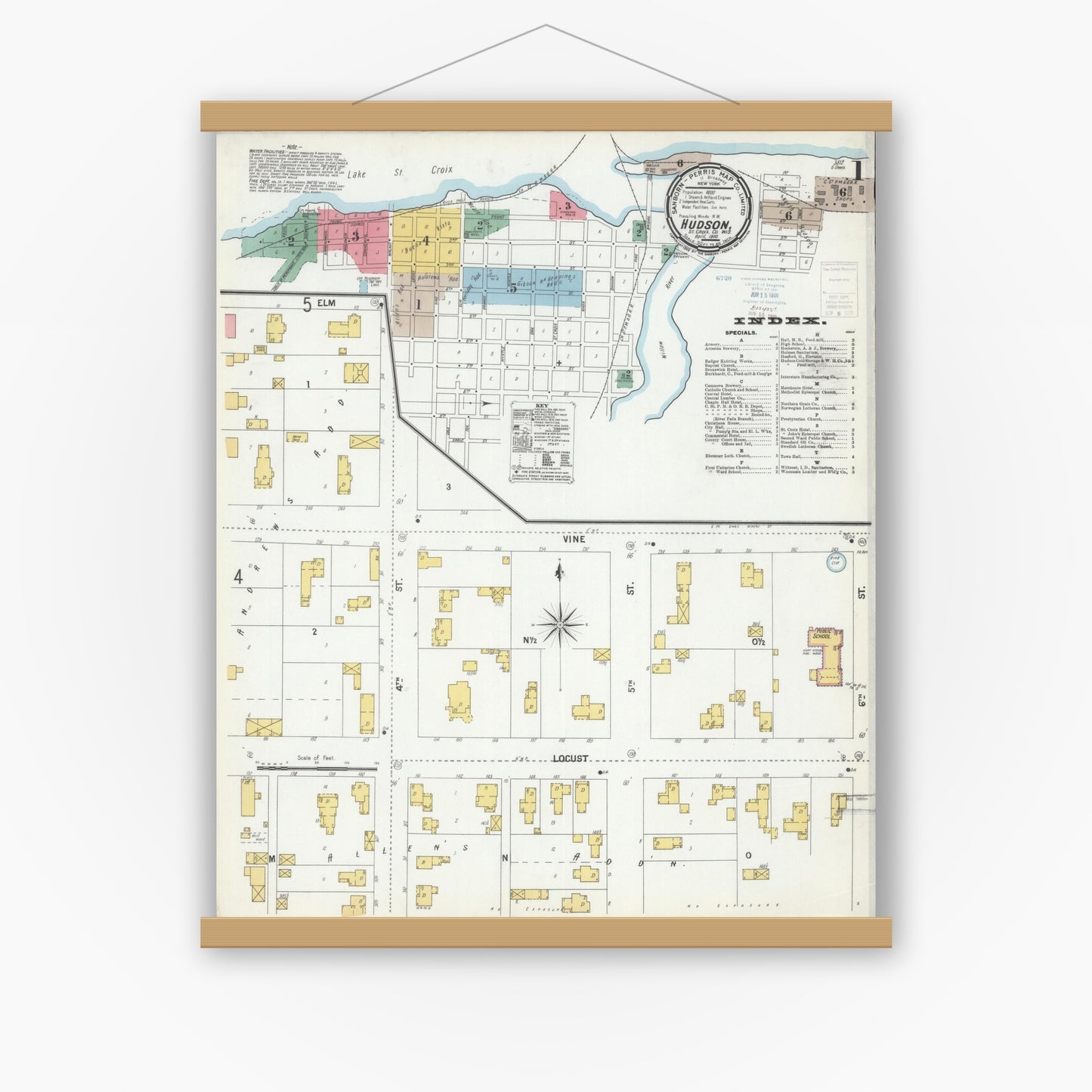 Old map wall art mockup — magnetic wood frame on white wall — Sanborn Fire Insurance Map from Hudson, St. Croix County, Wisconsin (1900) - Complete Map Set