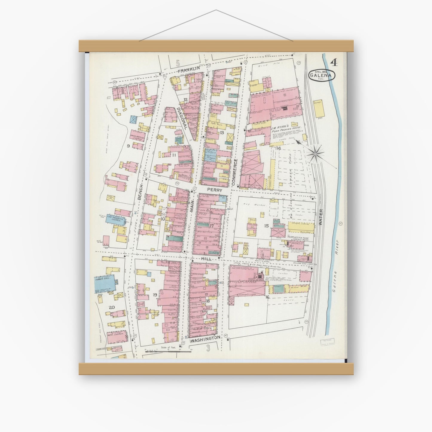Old map wall art mockup — magnetic wood frame on white wall — Sanborn Fire Insurance Map from Galena, Jo Daviess County, Illinois (1893), Sheet #0004