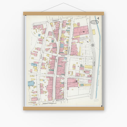 Old map wall art mockup — magnetic wood frame on white wall — Sanborn Fire Insurance Map from Galena, Jo Daviess County, Illinois (1893), Sheet #0004