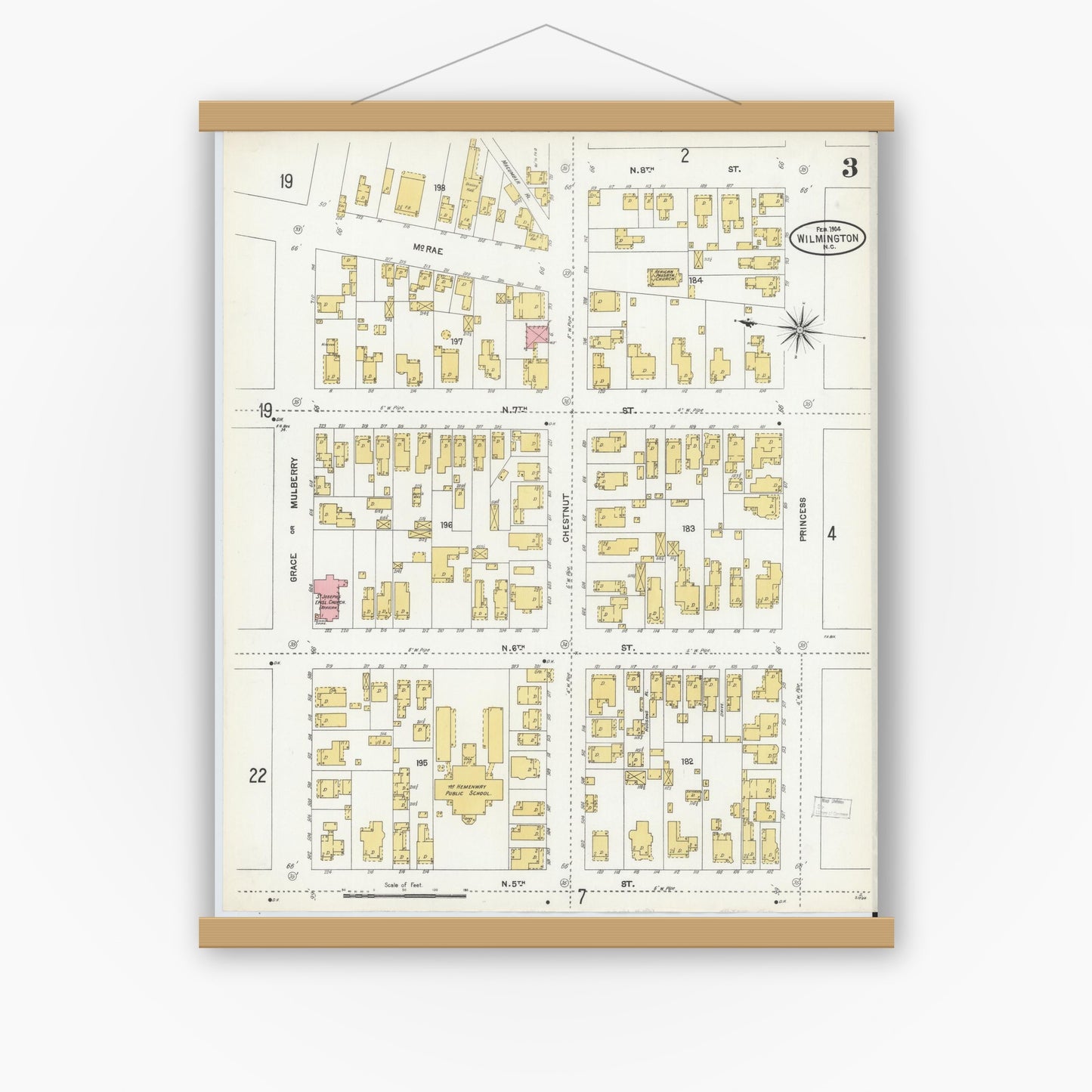 Old map wall art mockup — magnetic wood frame on white wall — Sanborn Fire Insurance Map from Wilmington, New Hanover County, North Carolina (1904), Sheet #0003