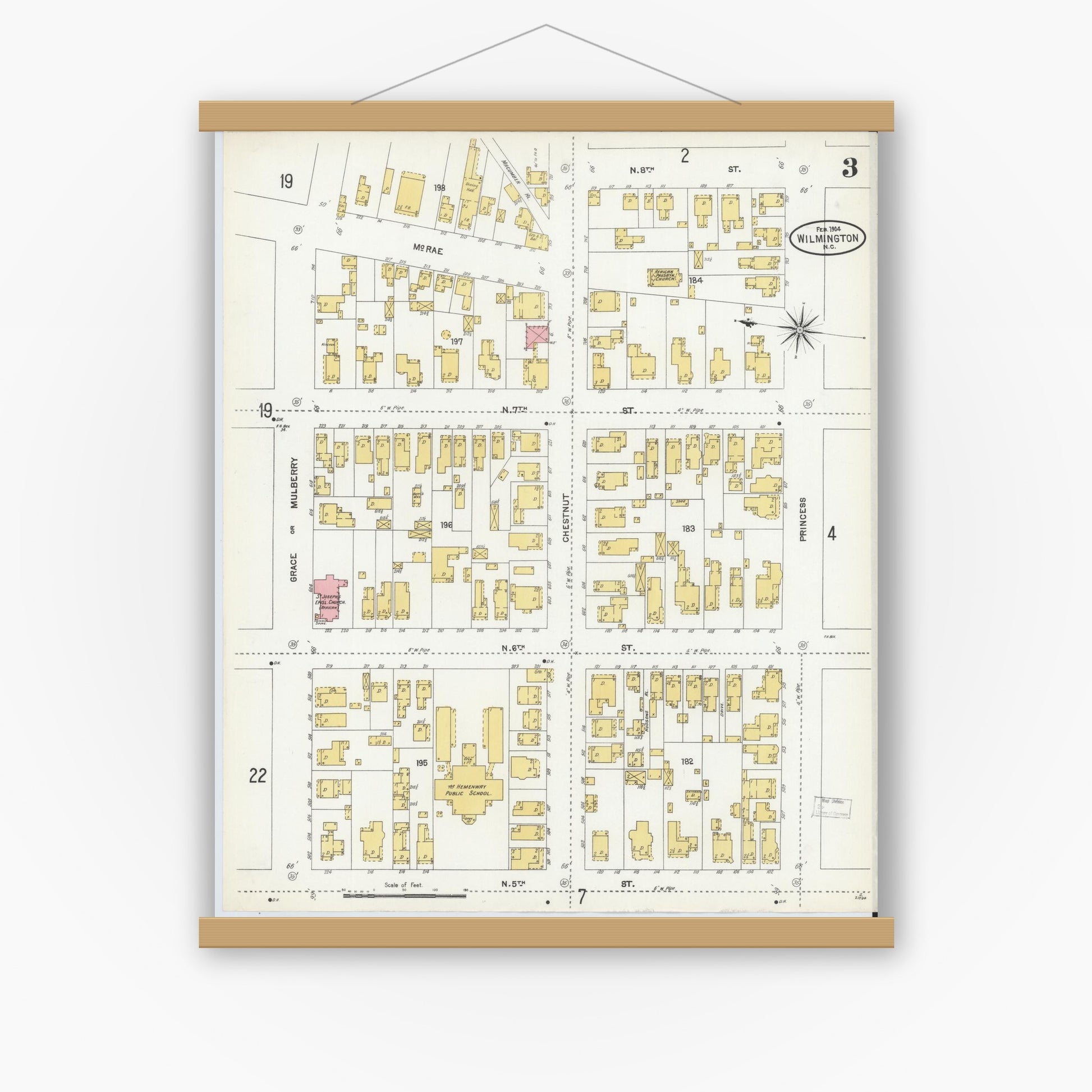 Old map wall art mockup — magnetic wood frame on white wall — Sanborn Fire Insurance Map from Wilmington, New Hanover County, North Carolina (1904), Sheet #0003