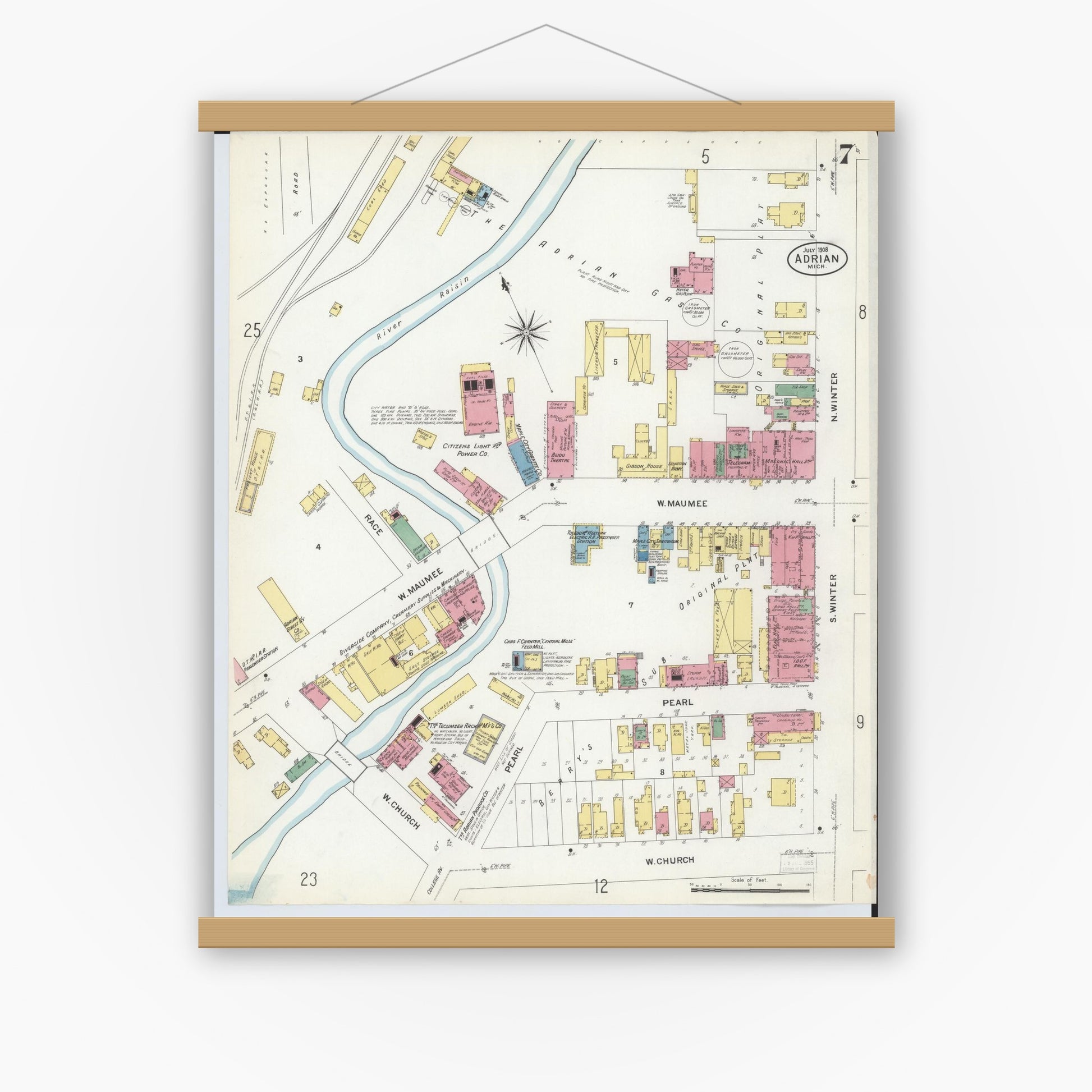 Old map wall art mockup — magnetic wood frame on white wall — Sanborn Fire Insurance Map from Adrian, Lenawee County, Michigan (1908), Sheet #0007