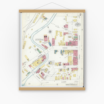 Old map wall art mockup — magnetic wood frame on white wall — Sanborn Fire Insurance Map from Adrian, Lenawee County, Michigan (1908), Sheet #0007