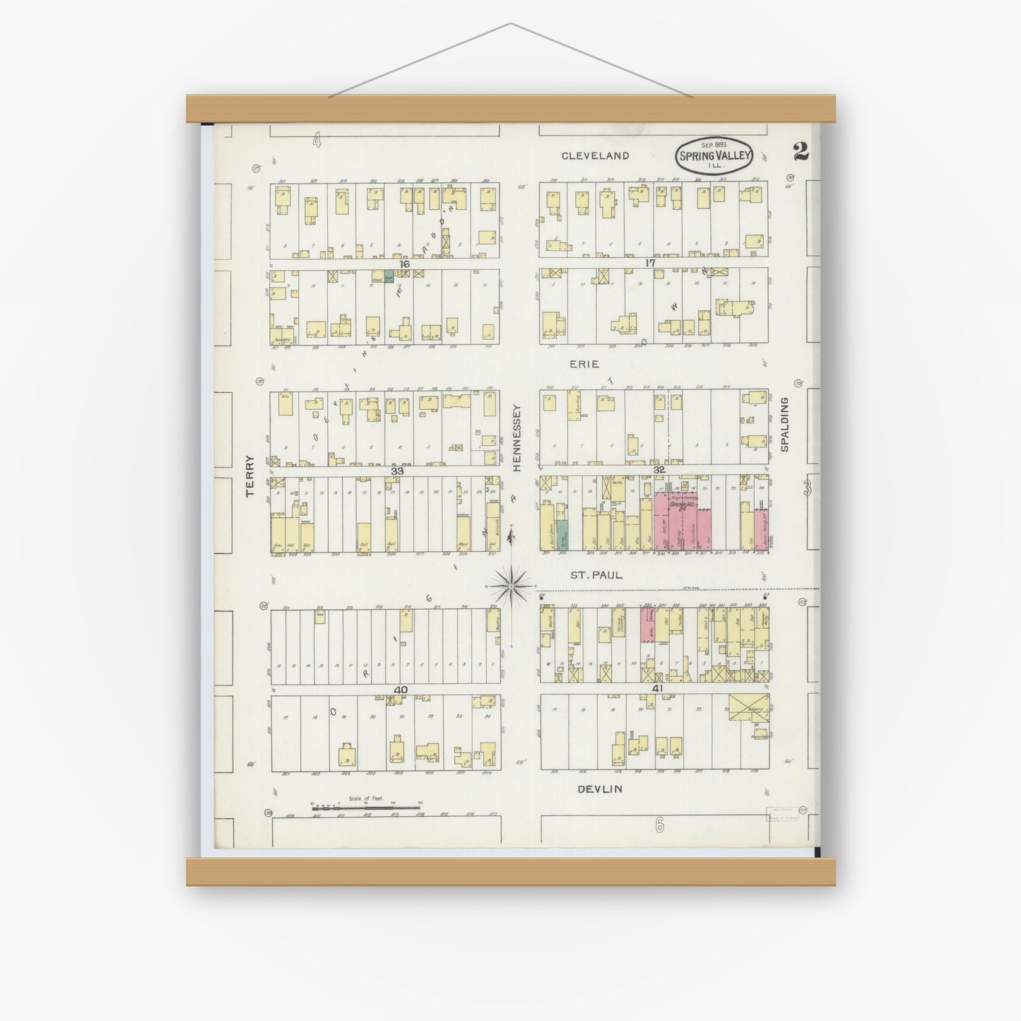 Old map wall art mockup — magnetic wood frame on white wall — Sanborn Fire Insurance Map from Spring Valley, Bureau County, Illinois (1893), Sheet #0002