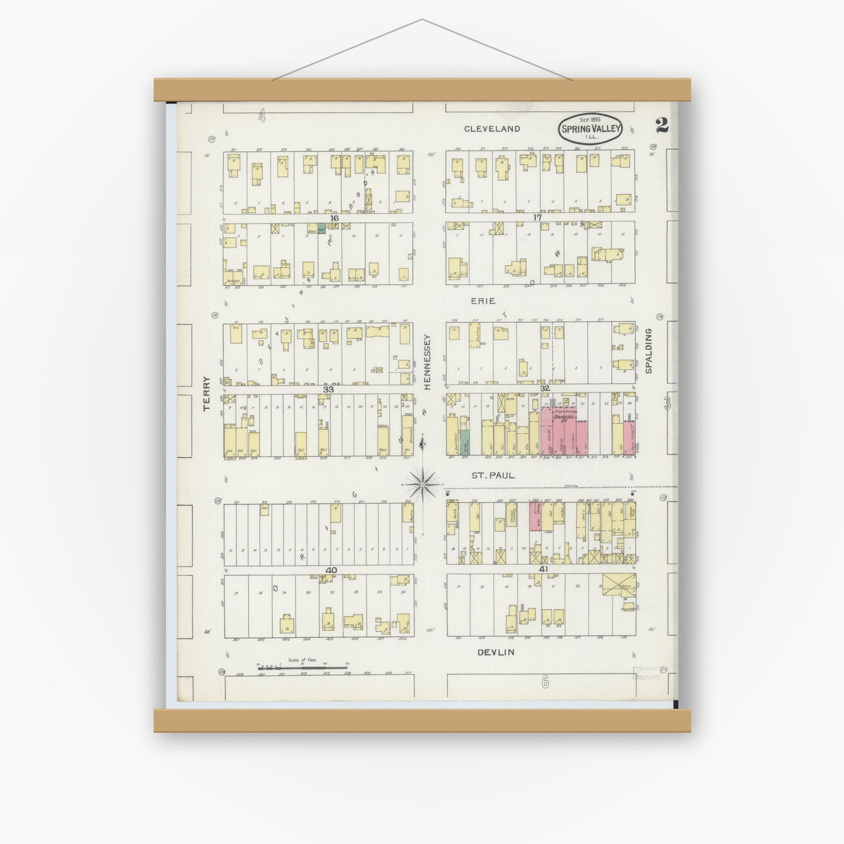 Old map wall art mockup — magnetic wood frame on white wall — Sanborn Fire Insurance Map from Spring Valley, Bureau County, Illinois (1893), Sheet #0002