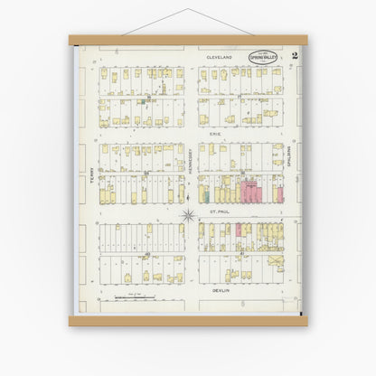 Old map wall art mockup — magnetic wood frame on white wall — Sanborn Fire Insurance Map from Spring Valley, Bureau County, Illinois (1893), Sheet #0002