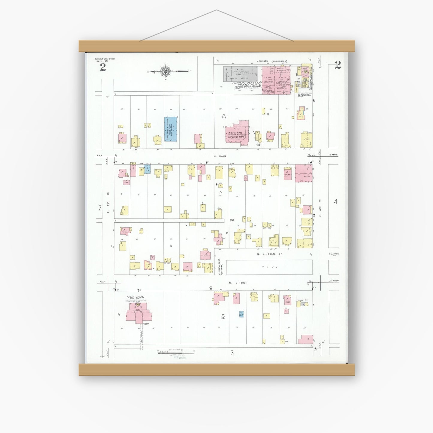 Old map wall art mockup — magnetic wood frame on white wall — Sanborn Fire Insurance Map from Minster, Auglaize County, Ohio (1951), Sheet #0002
