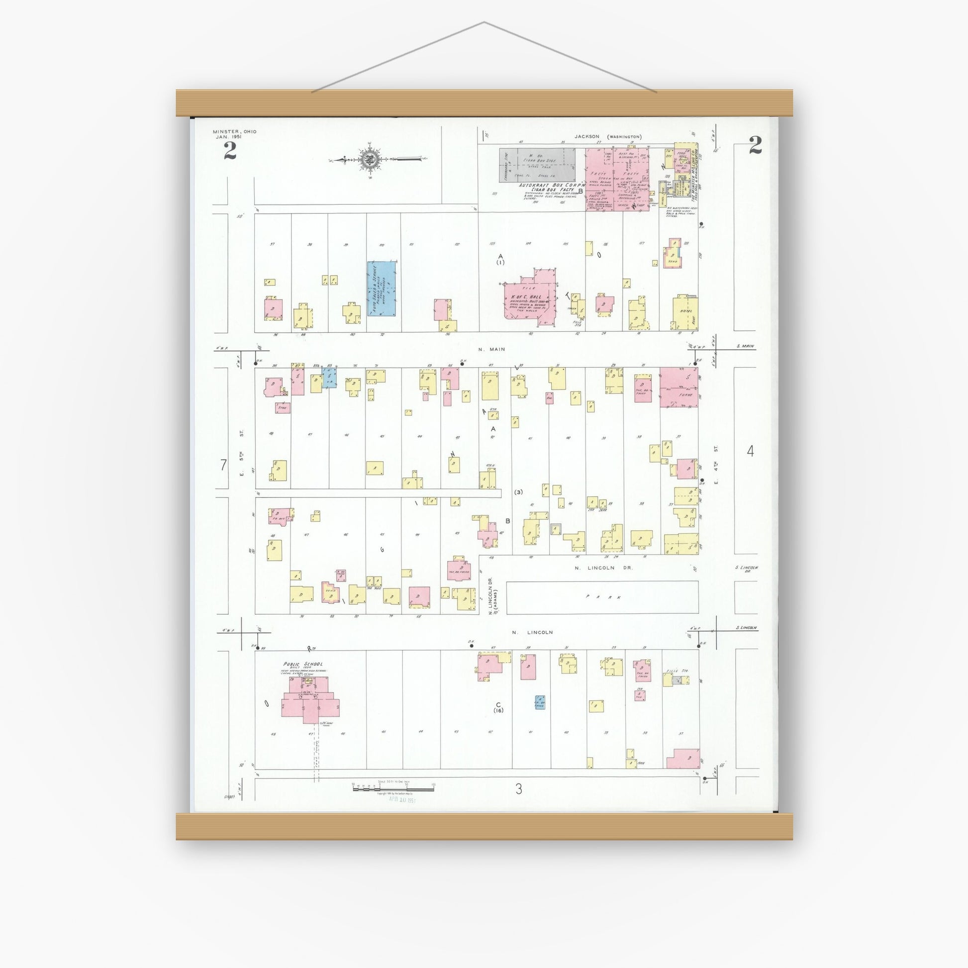 Old map wall art mockup — magnetic wood frame on white wall — Sanborn Fire Insurance Map from Minster, Auglaize County, Ohio (1951), Sheet #0002