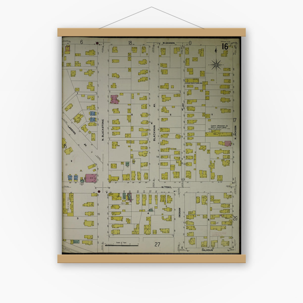 Old map wall art mockup — magnetic wood frame on white wall — Sanborn Fire Insurance Map from Jackson, Jackson County, Michigan (1907), Sheet #0016