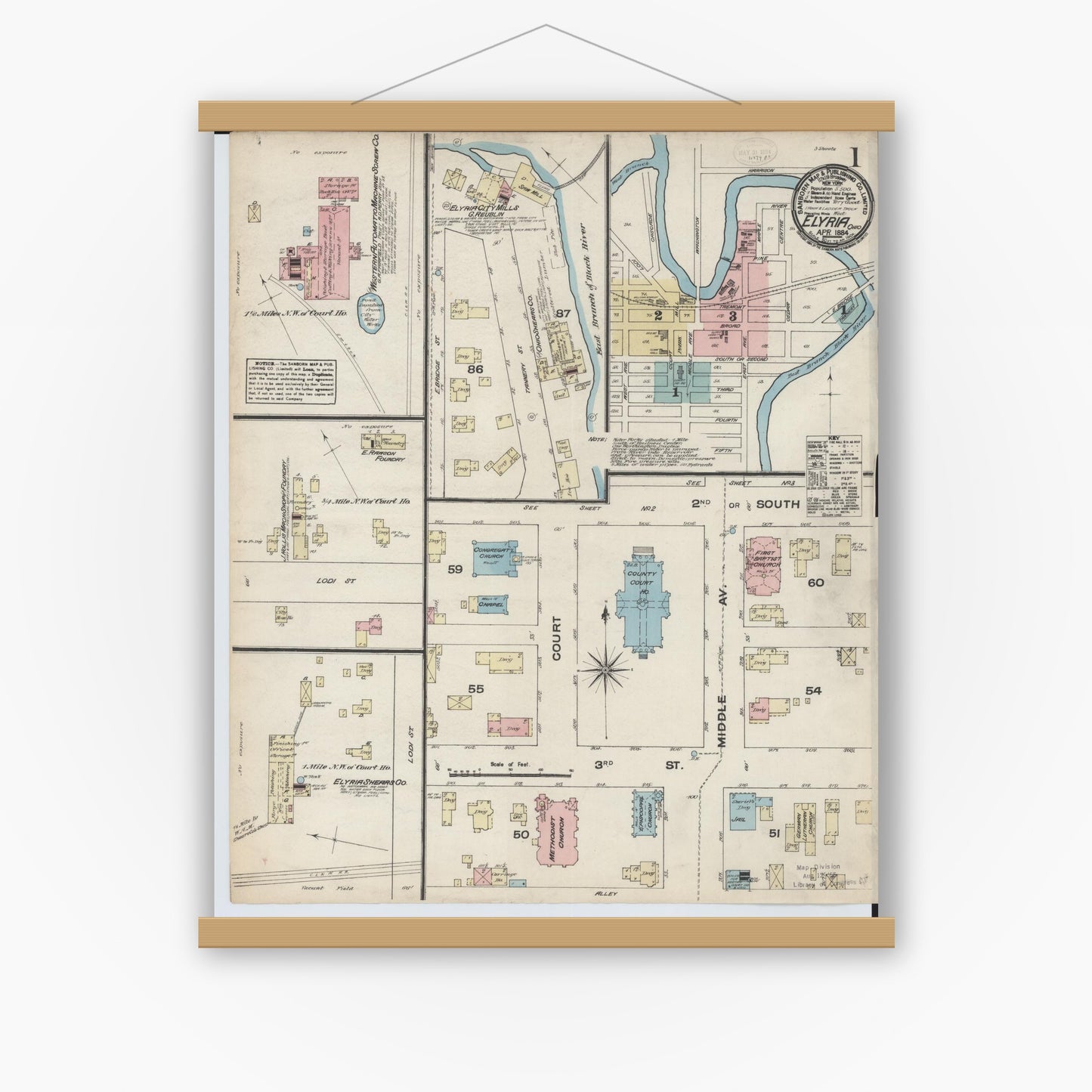 Old map wall art mockup — magnetic wood frame on white wall — Sanborn Fire Insurance Map from Elyria, Lorain County, Ohio (1884), Sheet #0001