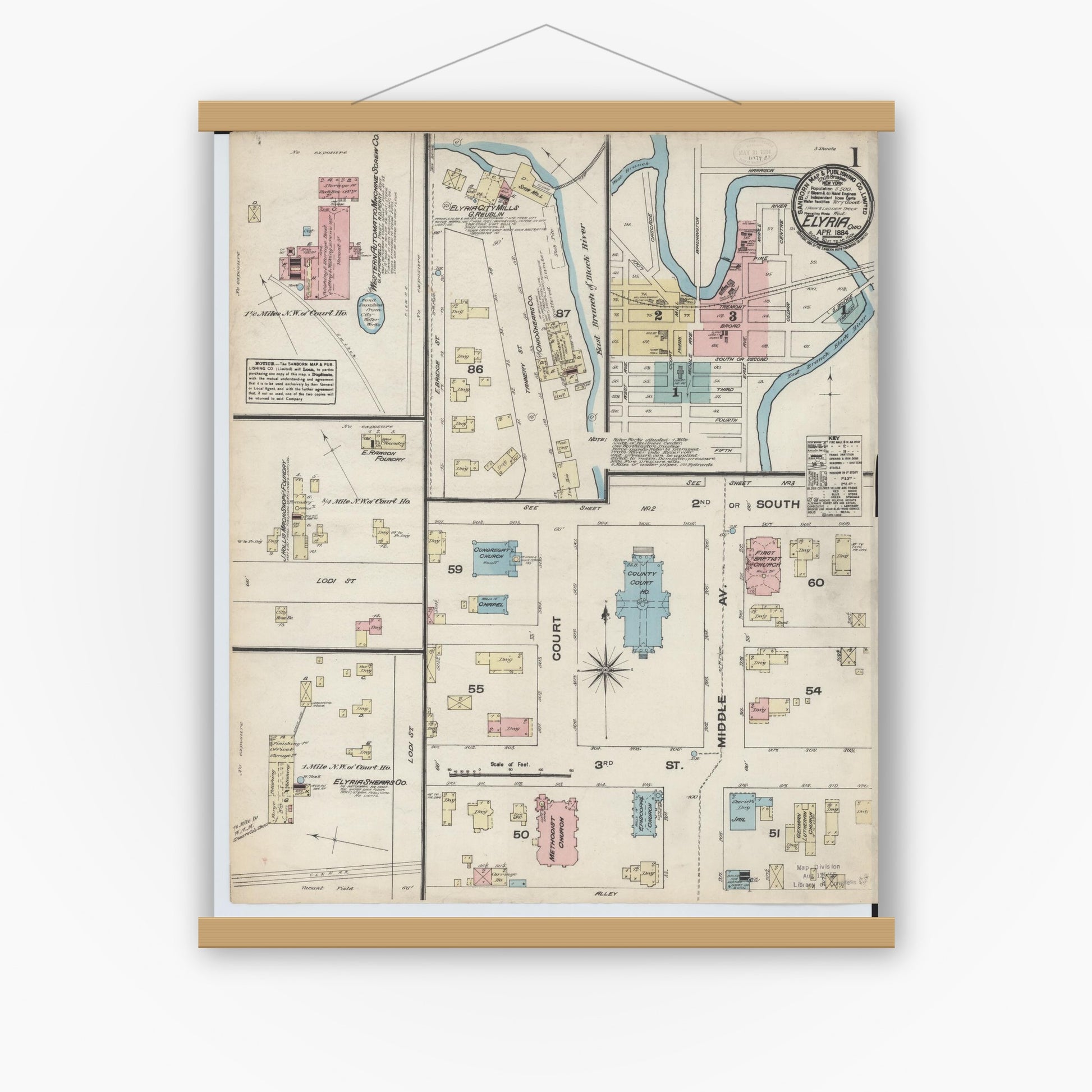 Old map wall art mockup — magnetic wood frame on white wall — Sanborn Fire Insurance Map from Elyria, Lorain County, Ohio (1884), Sheet #0001