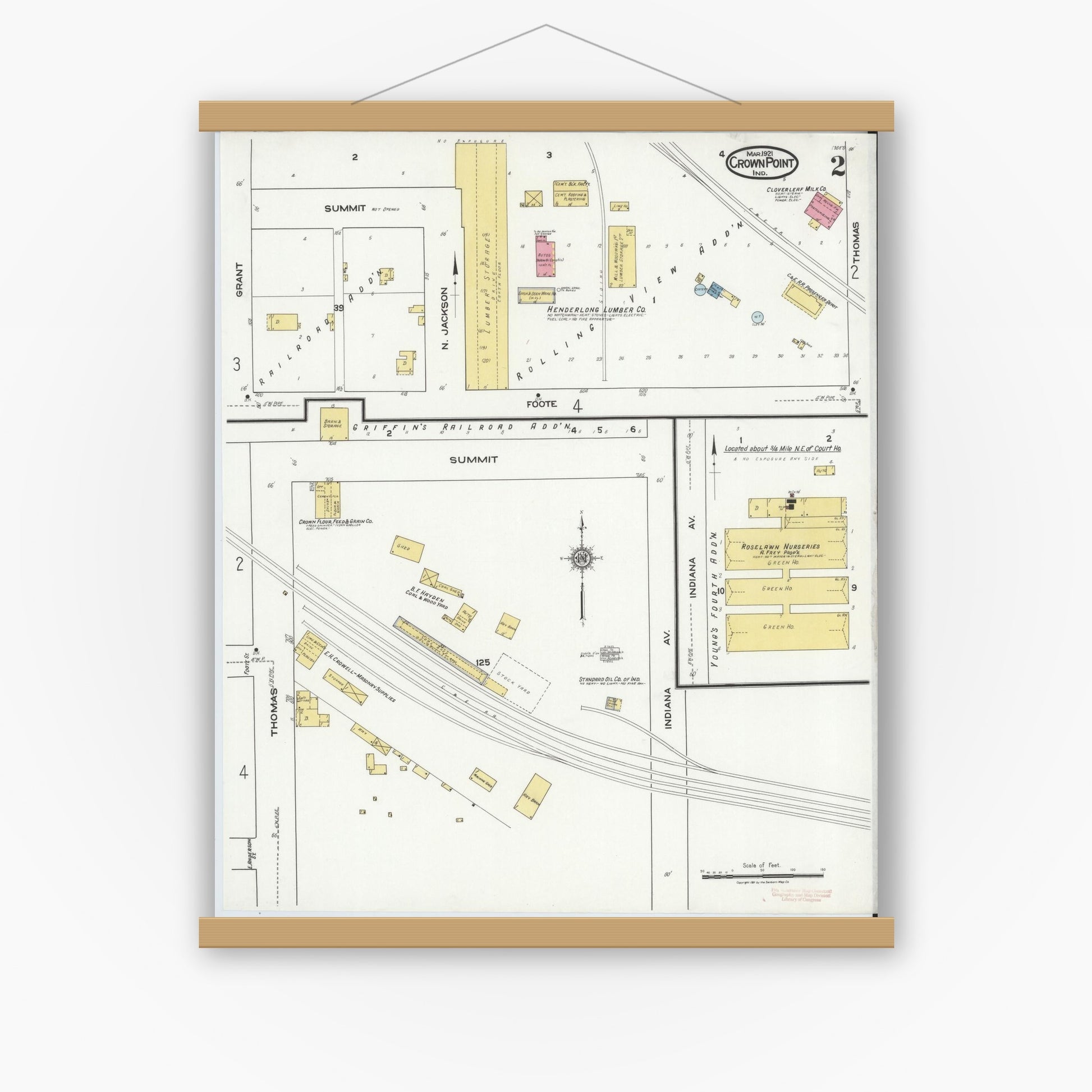Old map wall art mockup — magnetic wood frame on white wall — Sanborn Fire Insurance Map from Crown Point, Lake County, Indiana (1921), Sheet #0002