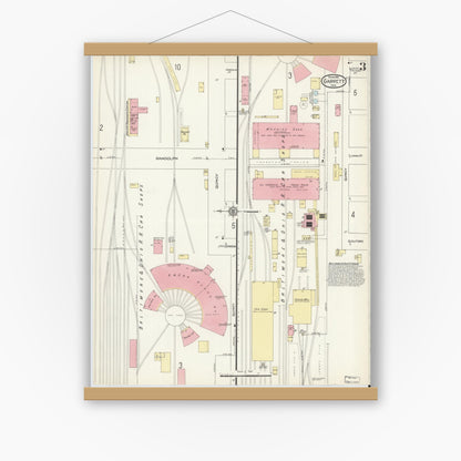 Old map wall art mockup — magnetic wood frame on white wall — Sanborn Fire Insurance Map from Garrett, De Kalb County, Indiana (1914), Sheet #0003