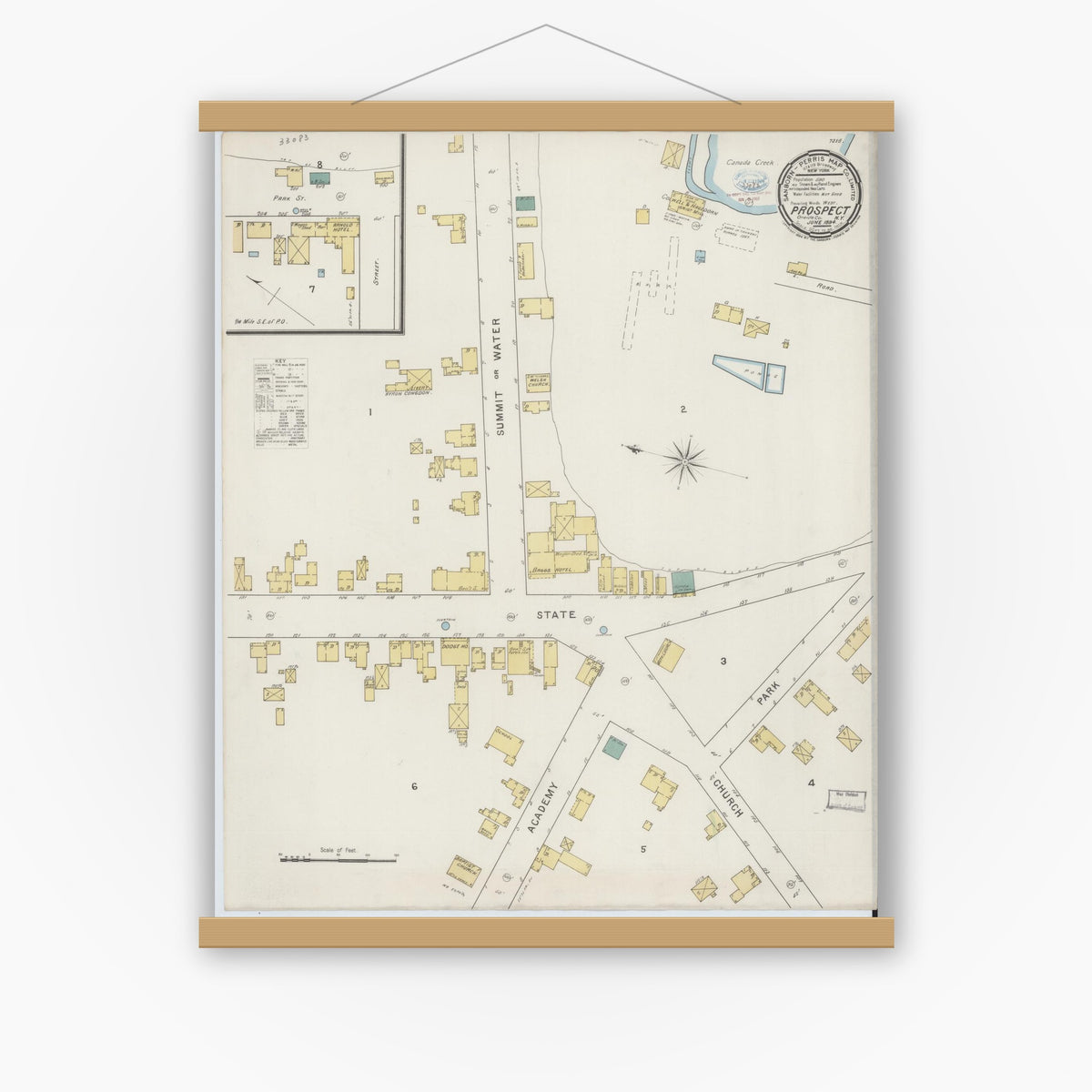 Old map wall art mockup — magnetic wood frame on white wall — Sanborn Fire Insurance Map from Prospect, Oneida County, New York (1894), Sheet #0001