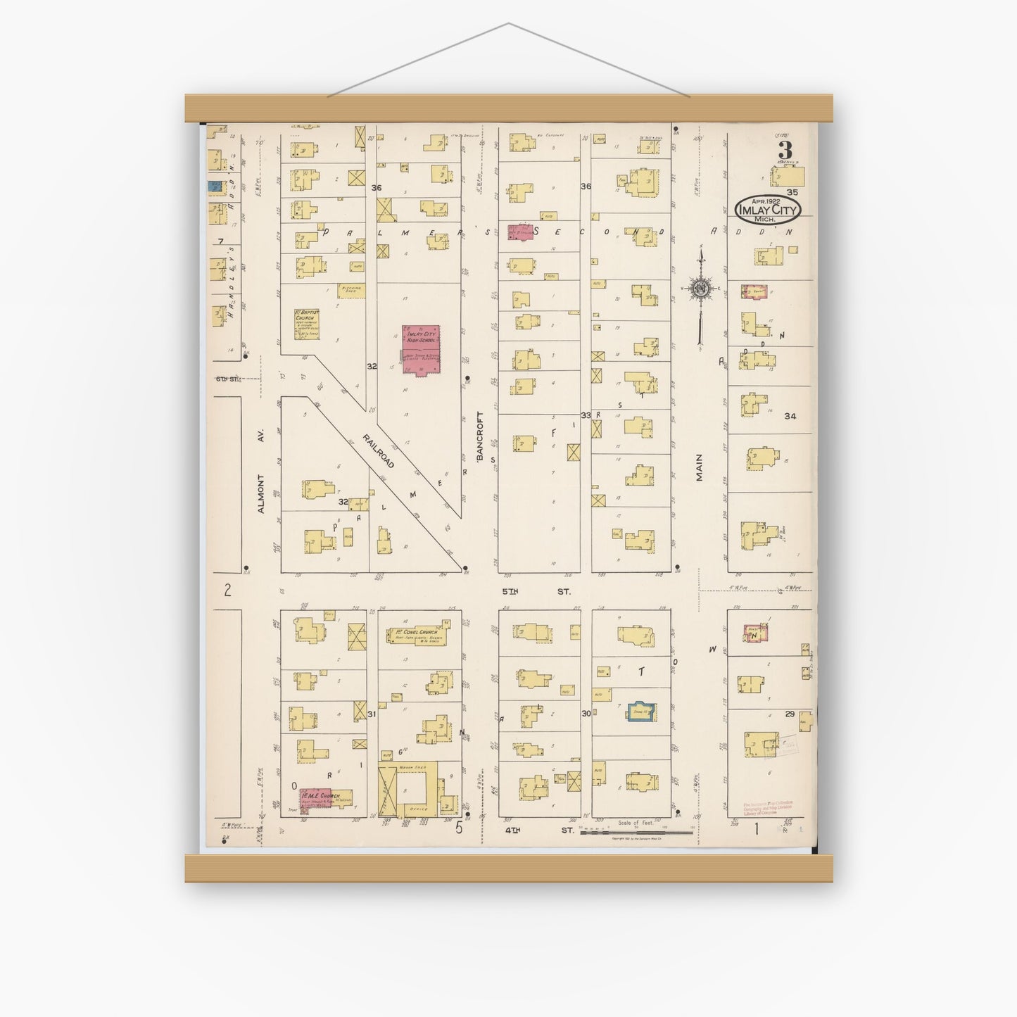 Old map wall art mockup — magnetic wood frame on white wall — Sanborn Fire Insurance Map from Imlay City, Lapeer County, Michigan (1922), Sheet #0003