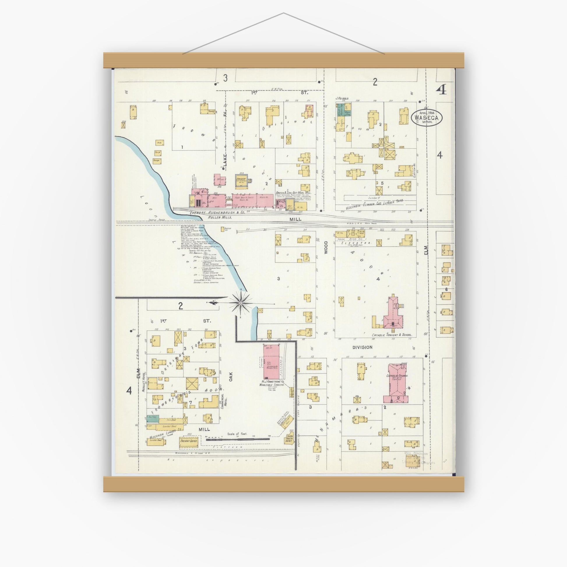 Old map wall art mockup — magnetic wood frame on white wall — Sanborn Fire Insurance Map from Waseca, Waseca County, Minnesota (1904), Sheet #0004