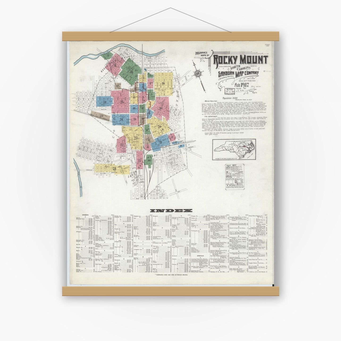Old map wall art mockup — magnetic wood frame on white wall — Sanborn Fire Insurance Map from Rocky Mount, Edgecombe And Nash Counties, North Carolina (1917), Sheet #0001