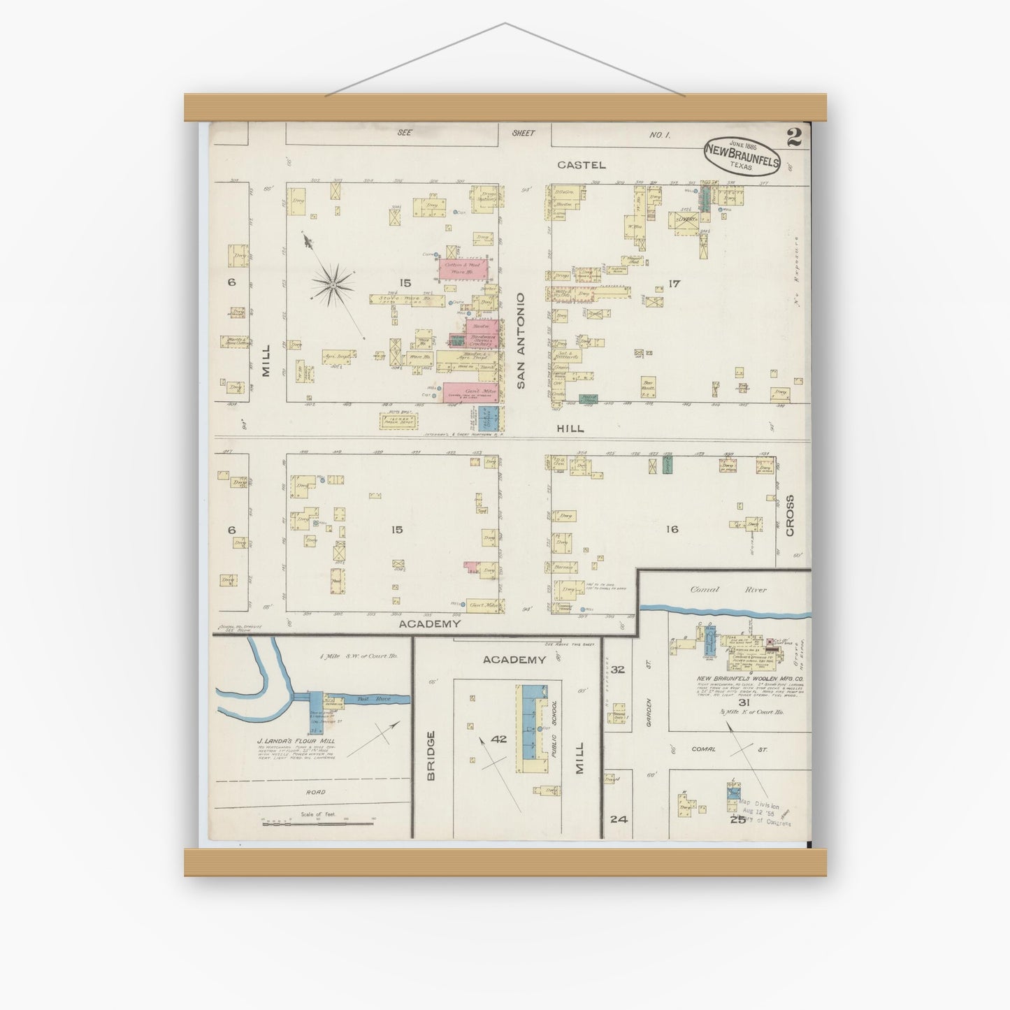 Old map wall art mockup — magnetic wood frame on white wall — Sanborn Fire Insurance Map from New Braunfels, Comal County, Texas (1885), Sheet #0002