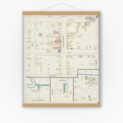 Old map wall art mockup — magnetic wood frame on white wall — Sanborn Fire Insurance Map from New Braunfels, Comal County, Texas (1885), Sheet #0002