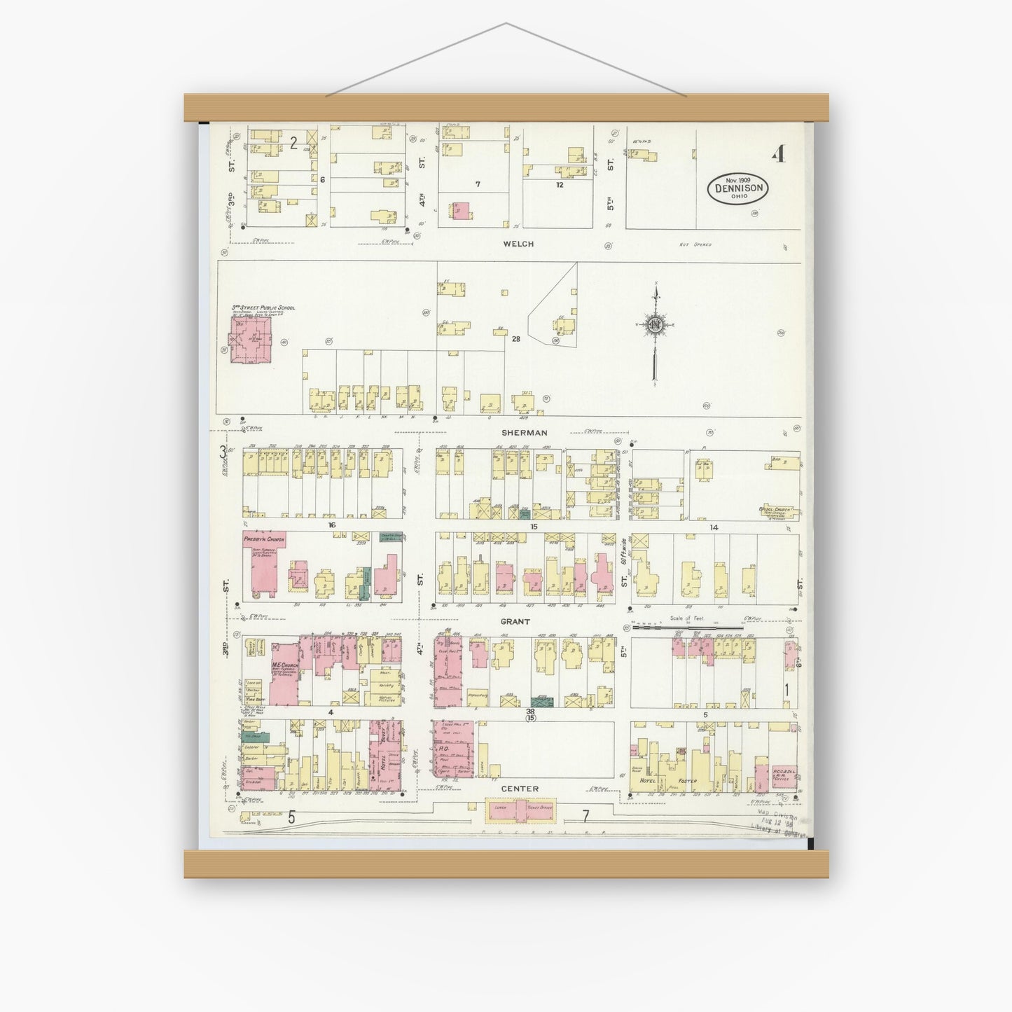 Old map wall art mockup — magnetic wood frame on white wall — Sanborn Fire Insurance Map from Dennison, Tuscarawas County, Ohio (1909), Sheet #0004