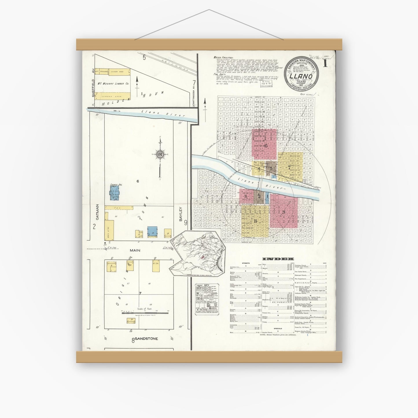 Old map wall art mockup — magnetic wood frame on white wall — Sanborn Fire Insurance Map from Llano, Llano County, Texas (1921), Sheet #0001