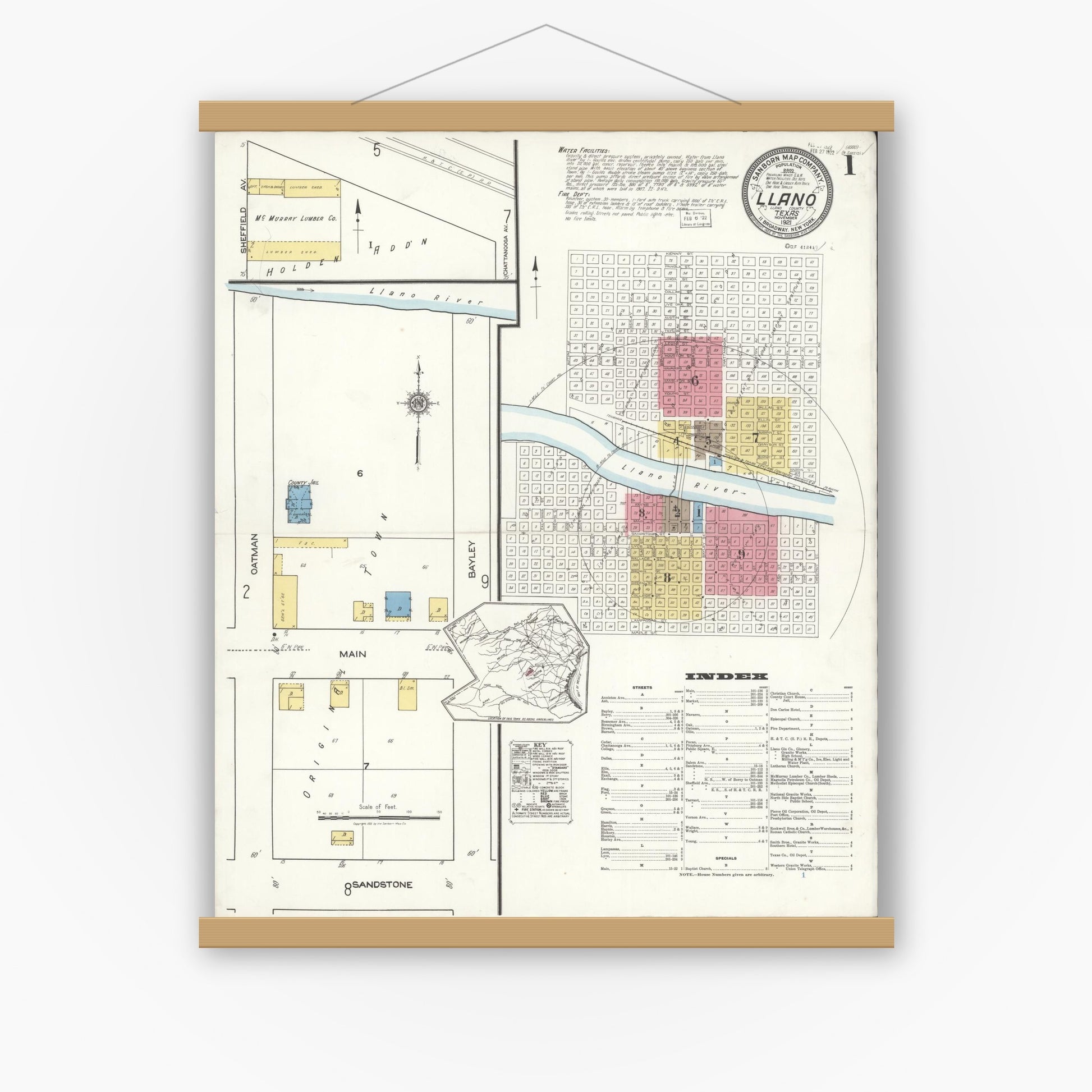 Old map wall art mockup — magnetic wood frame on white wall — Sanborn Fire Insurance Map from Llano, Llano County, Texas (1921), Sheet #0001