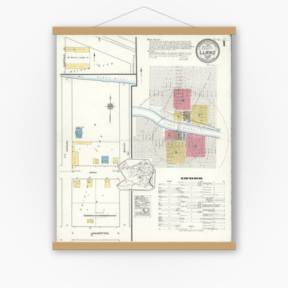 Old map wall art mockup — magnetic wood frame on white wall — Sanborn Fire Insurance Map from Llano, Llano County, Texas (1921), Sheet #0001