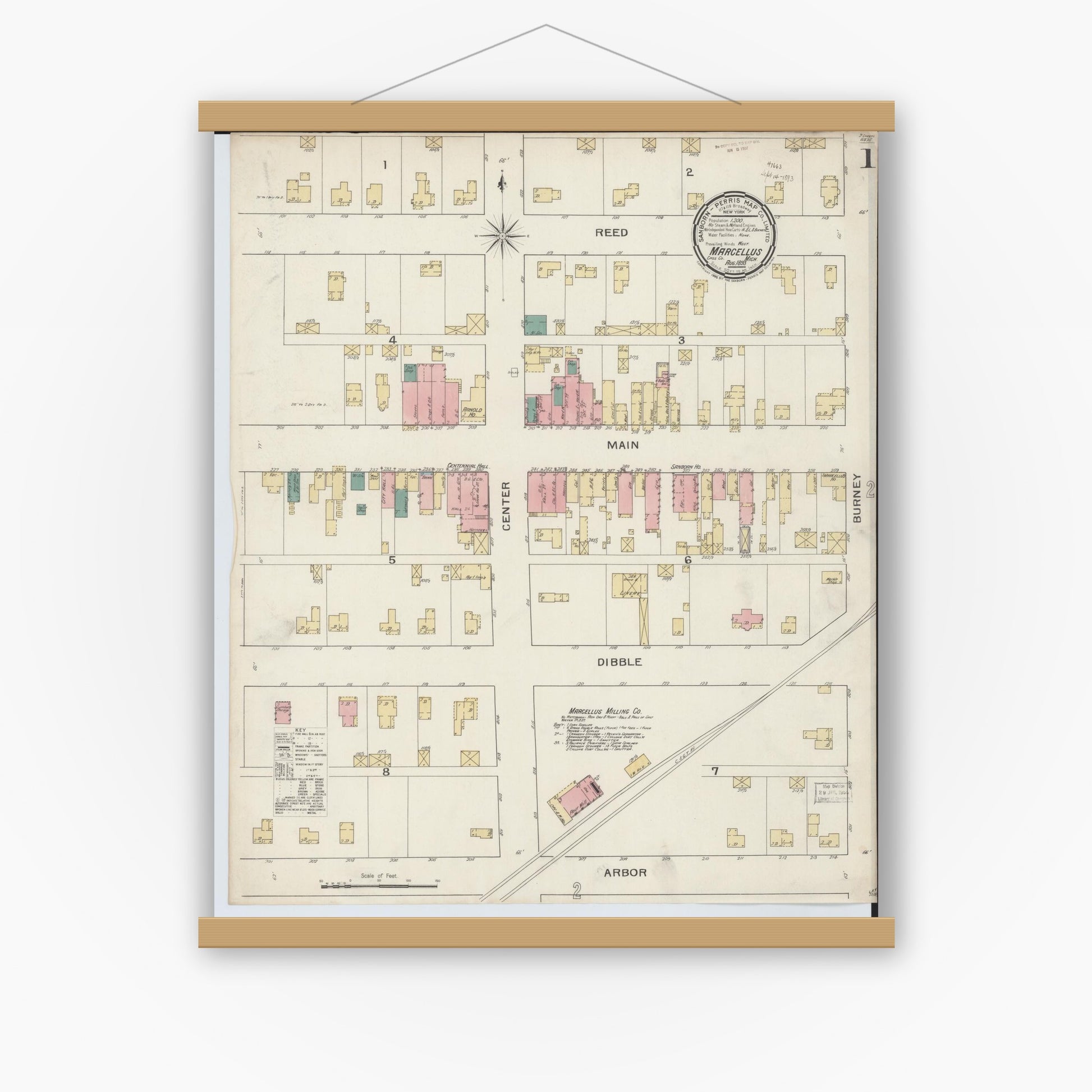 Old map wall art mockup — magnetic wood frame on white wall — Sanborn Fire Insurance Map from Marcellus, Cass County, Michigan (1893) - Complete Map Set